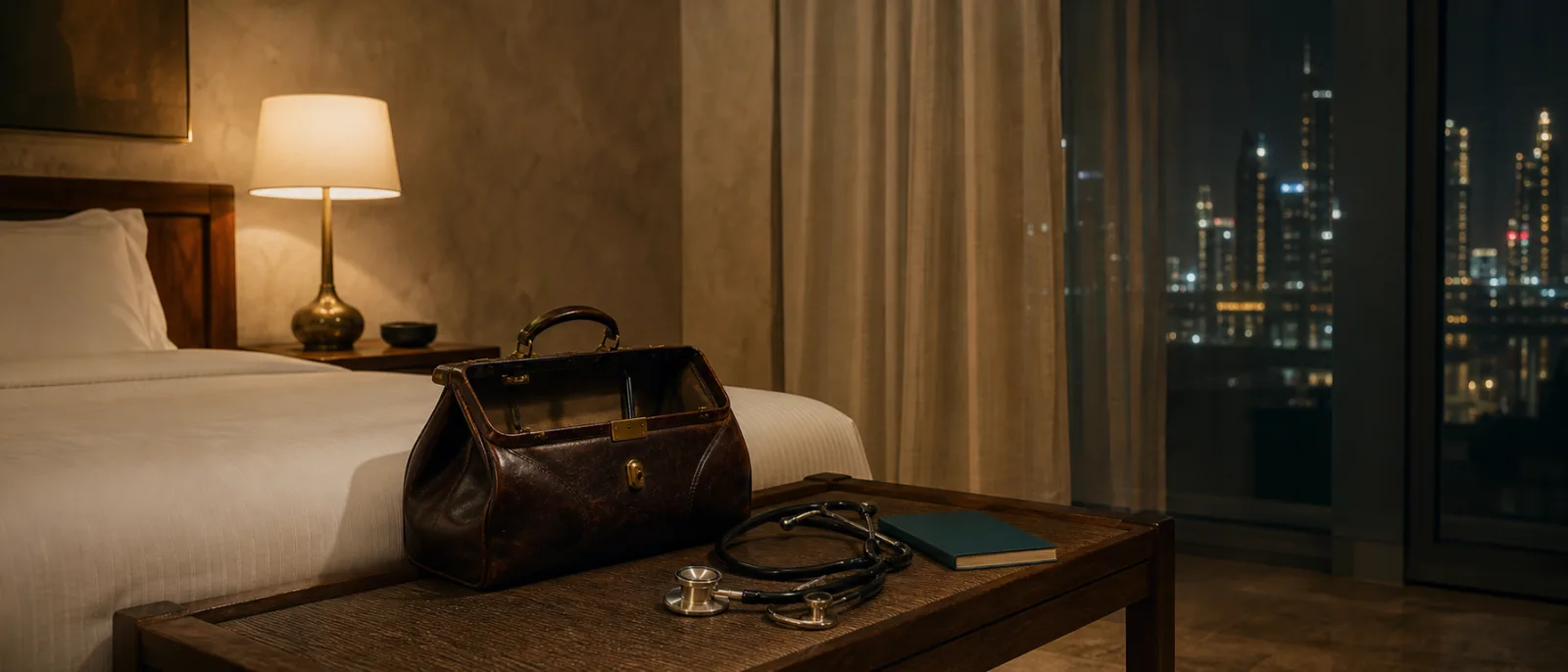 Doctor at hotel in Dubai: a BestDOC doctor with a medical bag at a guest-room door at night