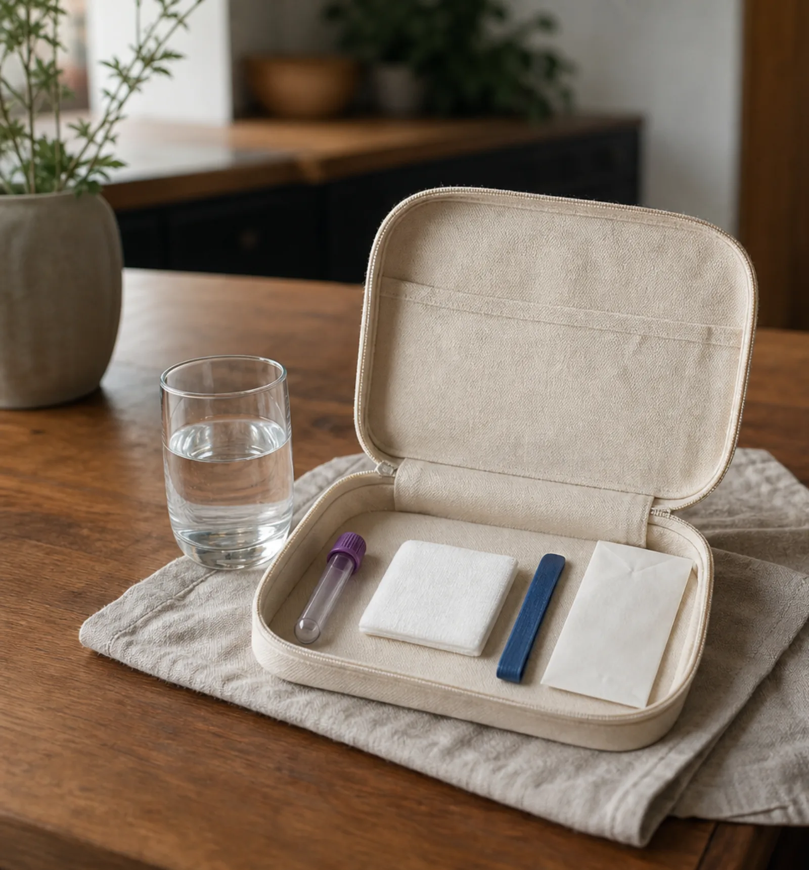 Small unmarked sample kit open on a kitchen table