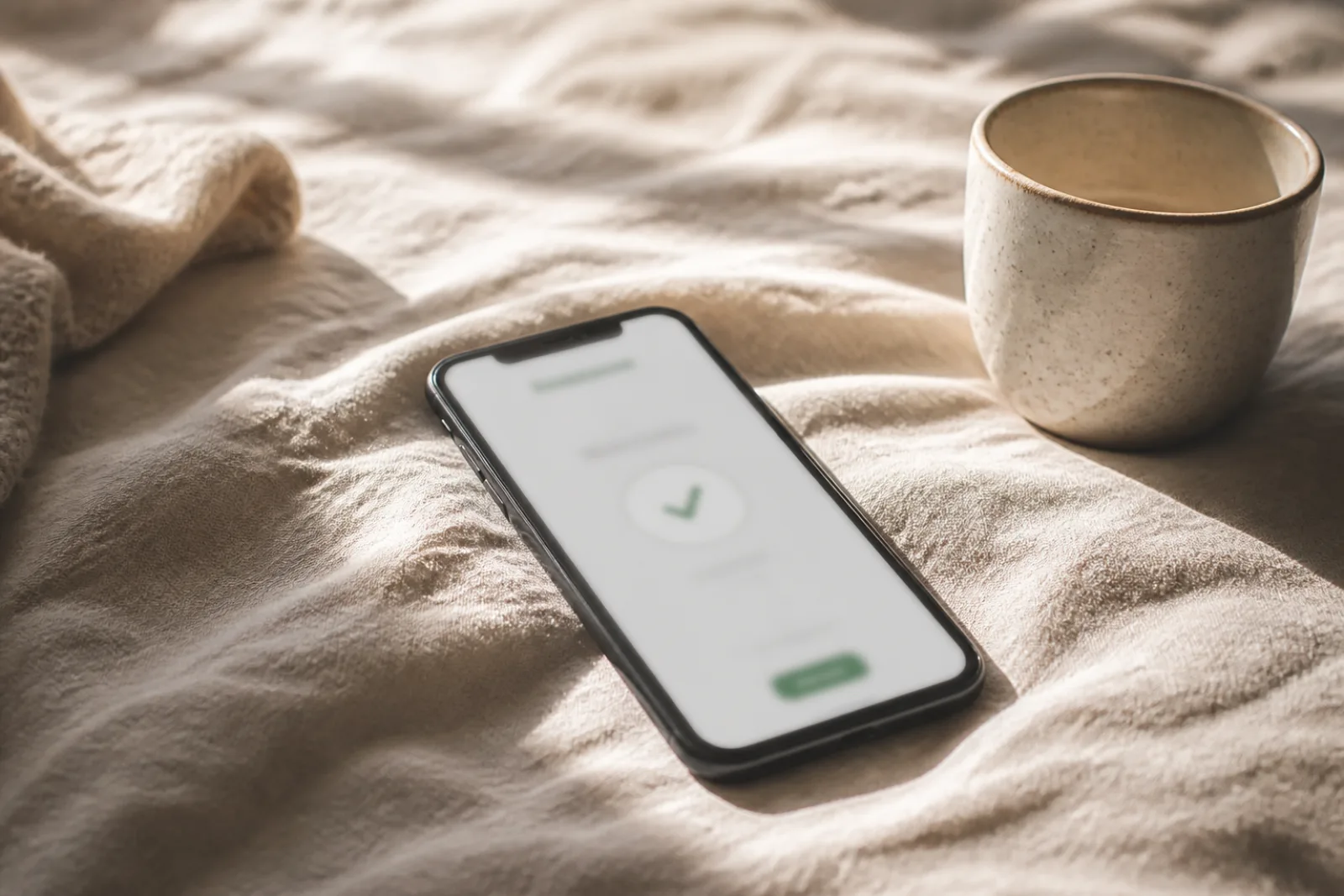 Phone on a bed showing an unreadable results document