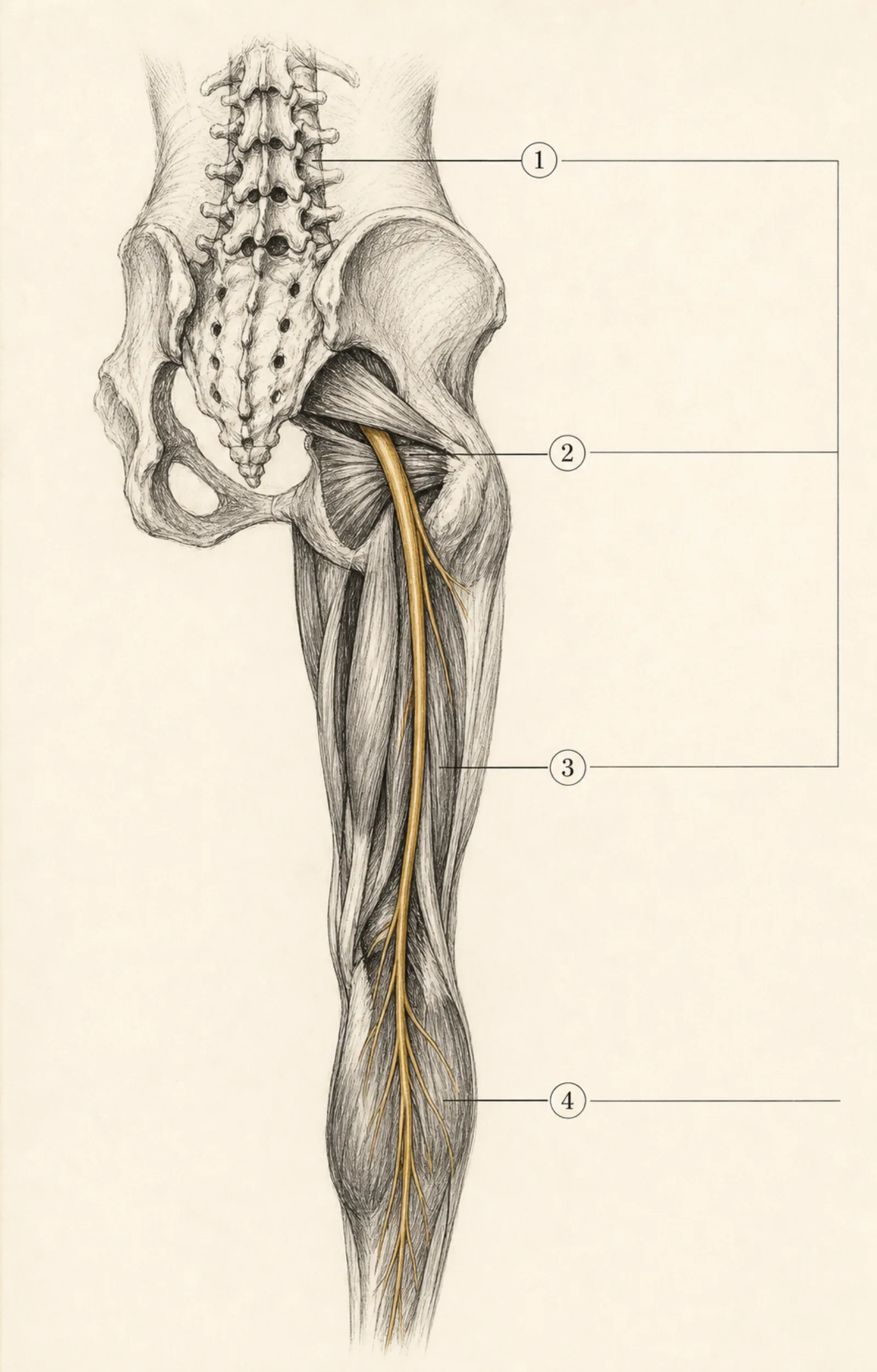 Sciatica physiotherapy at home in Dubai — hand-drawn plate of the sciatic nerve from the lower back to the calf