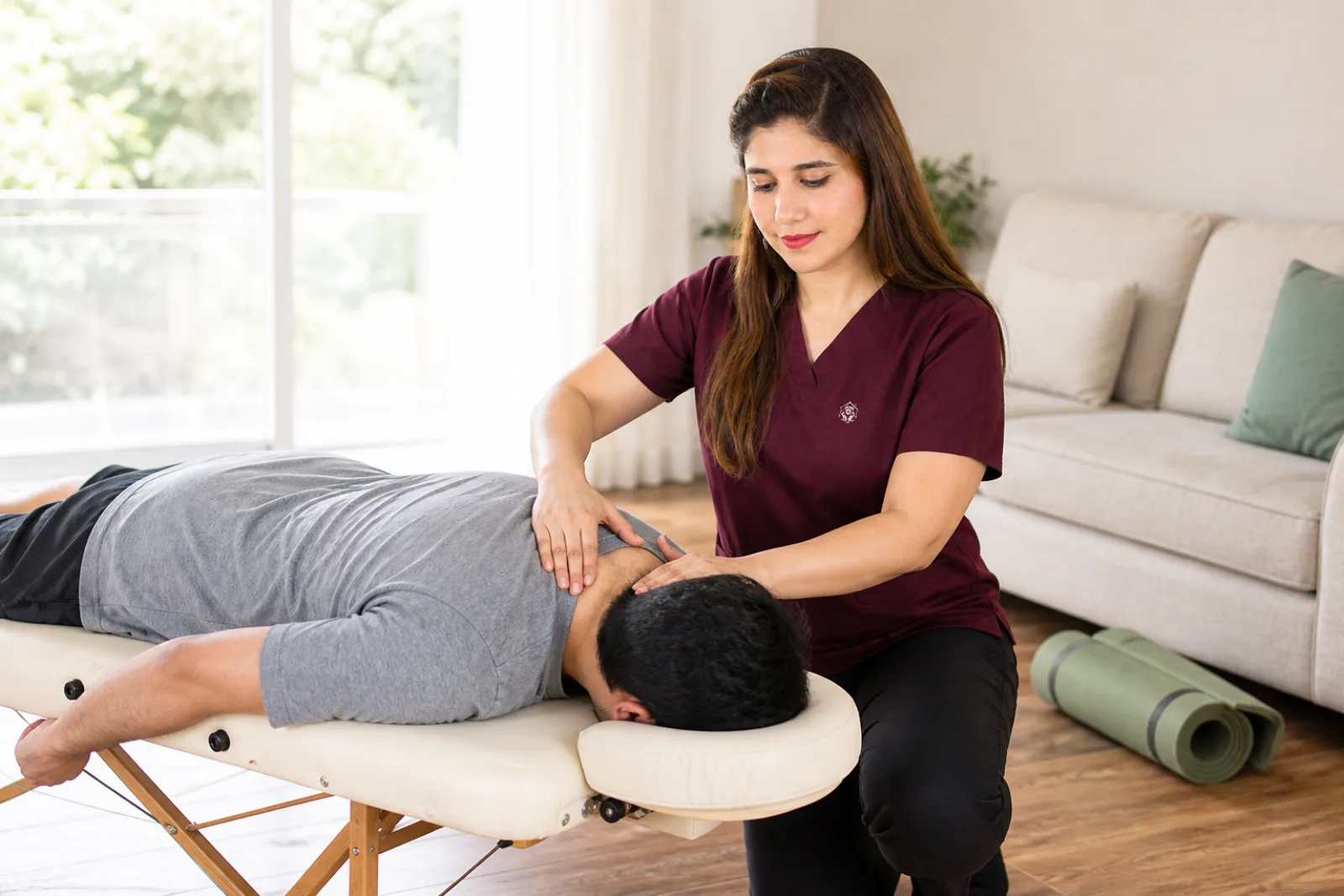 Physiotherapist treating a patient's lower back on a portable table in a living room