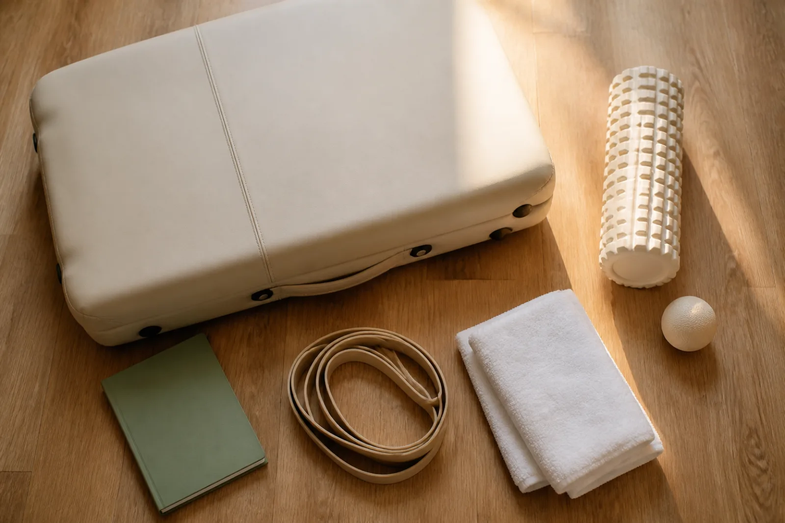 Portable physiotherapy kit — folded table, bands, foam roller — laid out on an oak floor