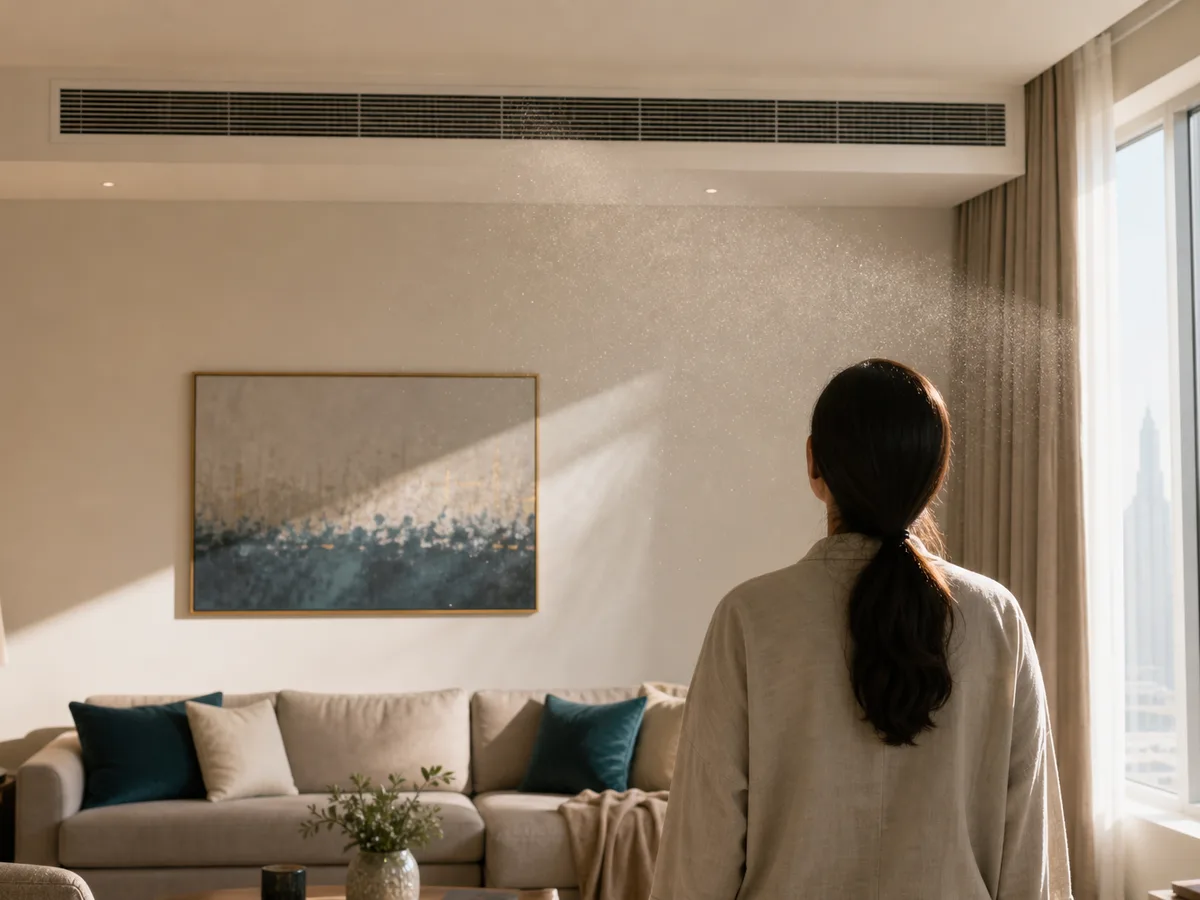 Sunlight through a window highlighting dust particles above an air-conditioning vent in a Dubai apartment living room