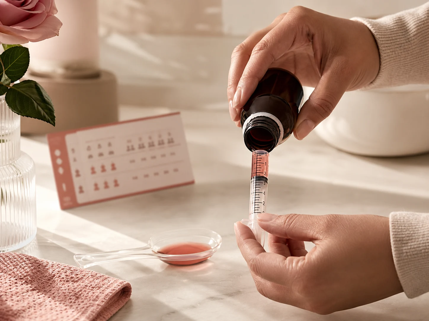 Parent measuring a weight-based antibiotic syrup dose with a calibrated oral syringe