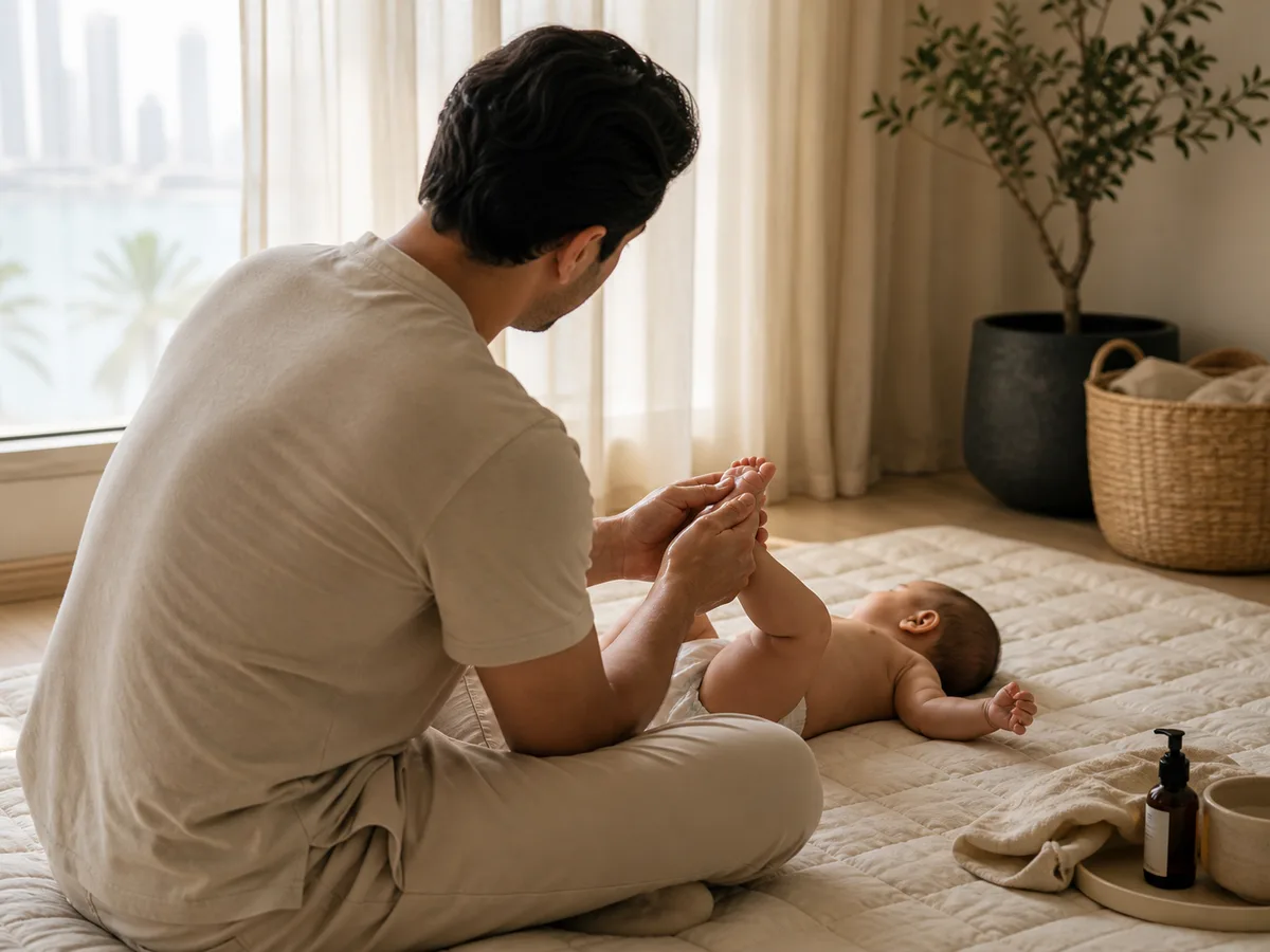 Father seated cross-legged on a cotton mat, oiled palms cradling his baby's foot mid-stroke, soft Dubai morning light through linen curtains, calm warm tones