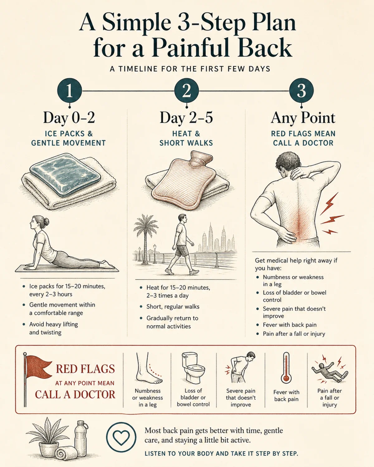 Three-step timeline infographic: Day 0-2 ice packs and gentle movement, Day 2-5 heat and short walks, red flags at any point mean call a doctor, charcoal linework with deep teal accents