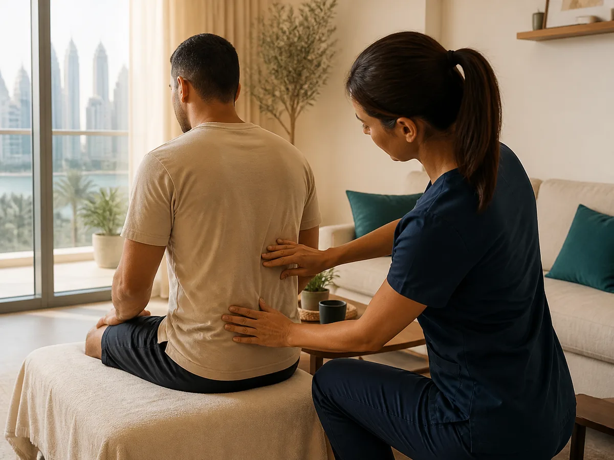 DHA-licensed physiotherapist assessing a patient's lower back during a home visit in a Dubai living room