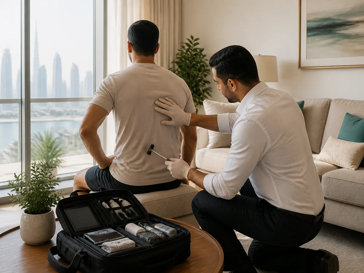Doctor checking a patient's back and reflexes during a home visit in a Dubai apartment, medical bag open on the table