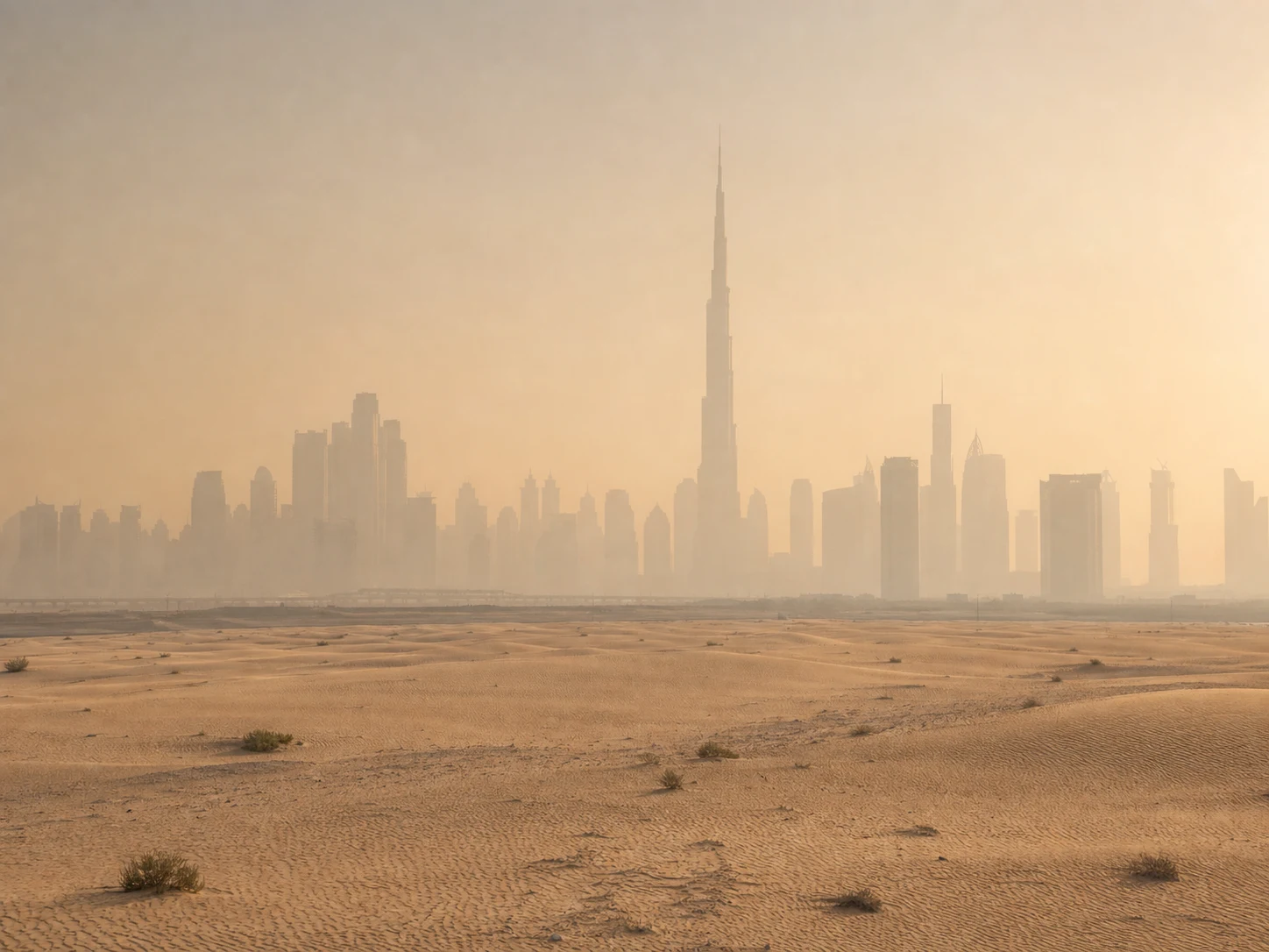 Skyline of Dubai partially obscured by an afternoon dust haze, with desert sand visible in the foreground