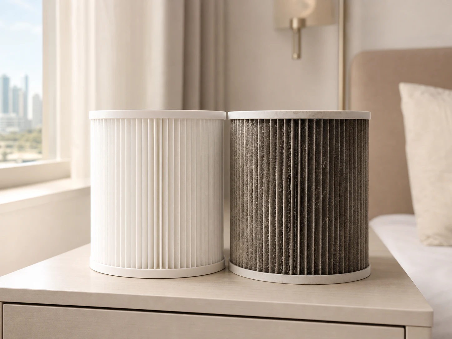 Close-up of a clean HEPA air purifier filter beside a used grey one, on a bedroom side table