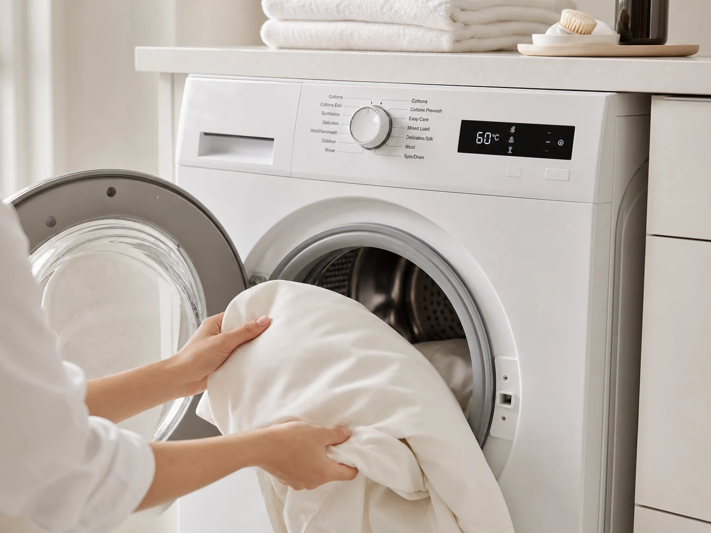 Cropped view of hands washing pillow covers in a front-loading washing machine set to 60 degrees