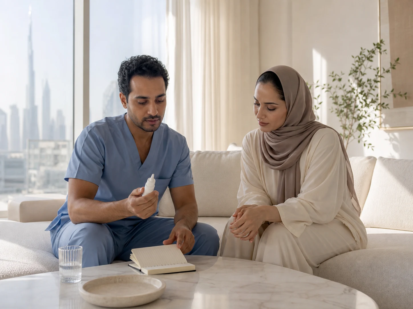 Doctor in scrubs reviewing a nasal spray and a small notebook with a patient in a sunlit Dubai apartment living room