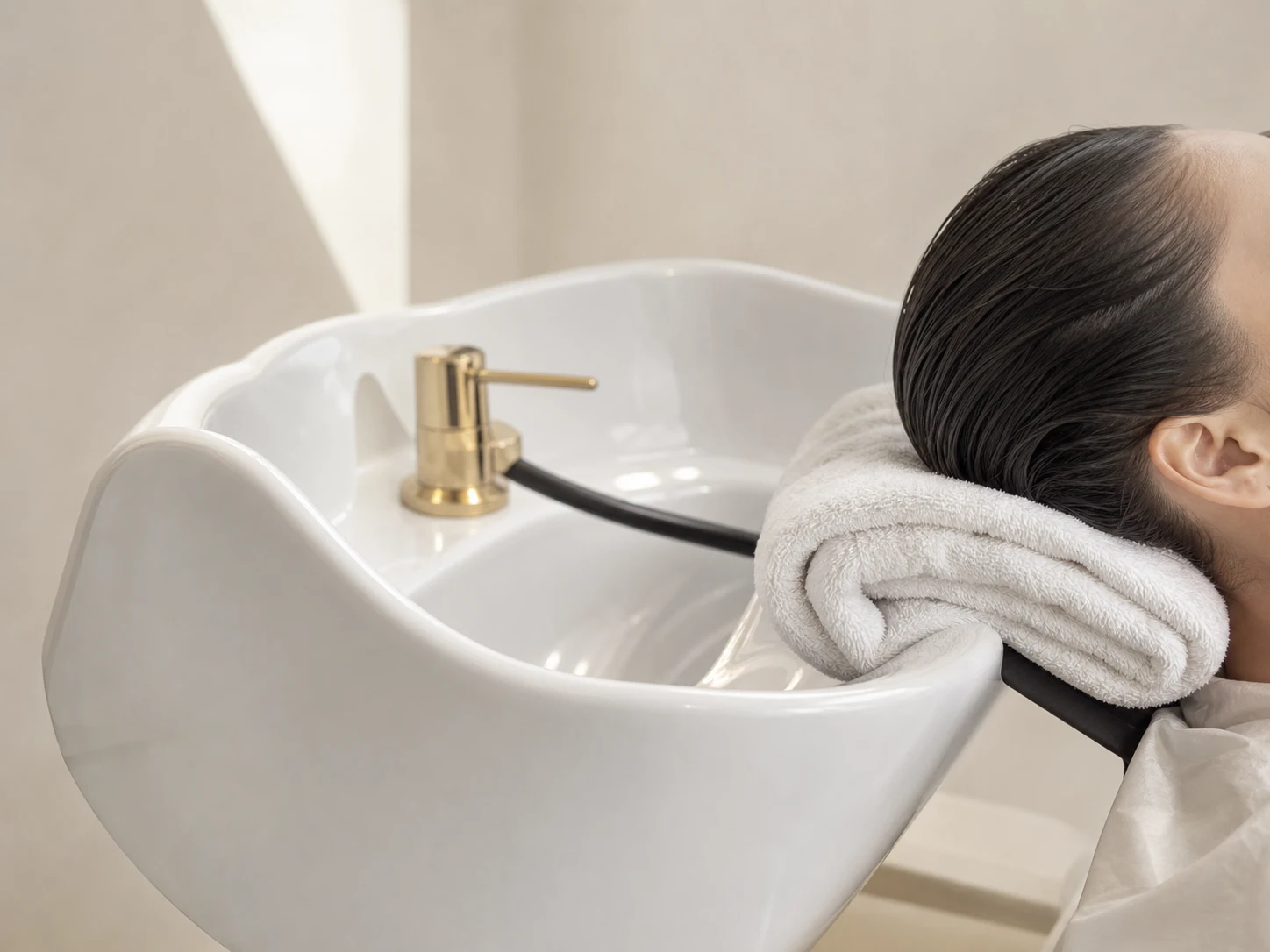 Salon shampoo basin with a folded white towel placed under a client's neck to support the cervical spine