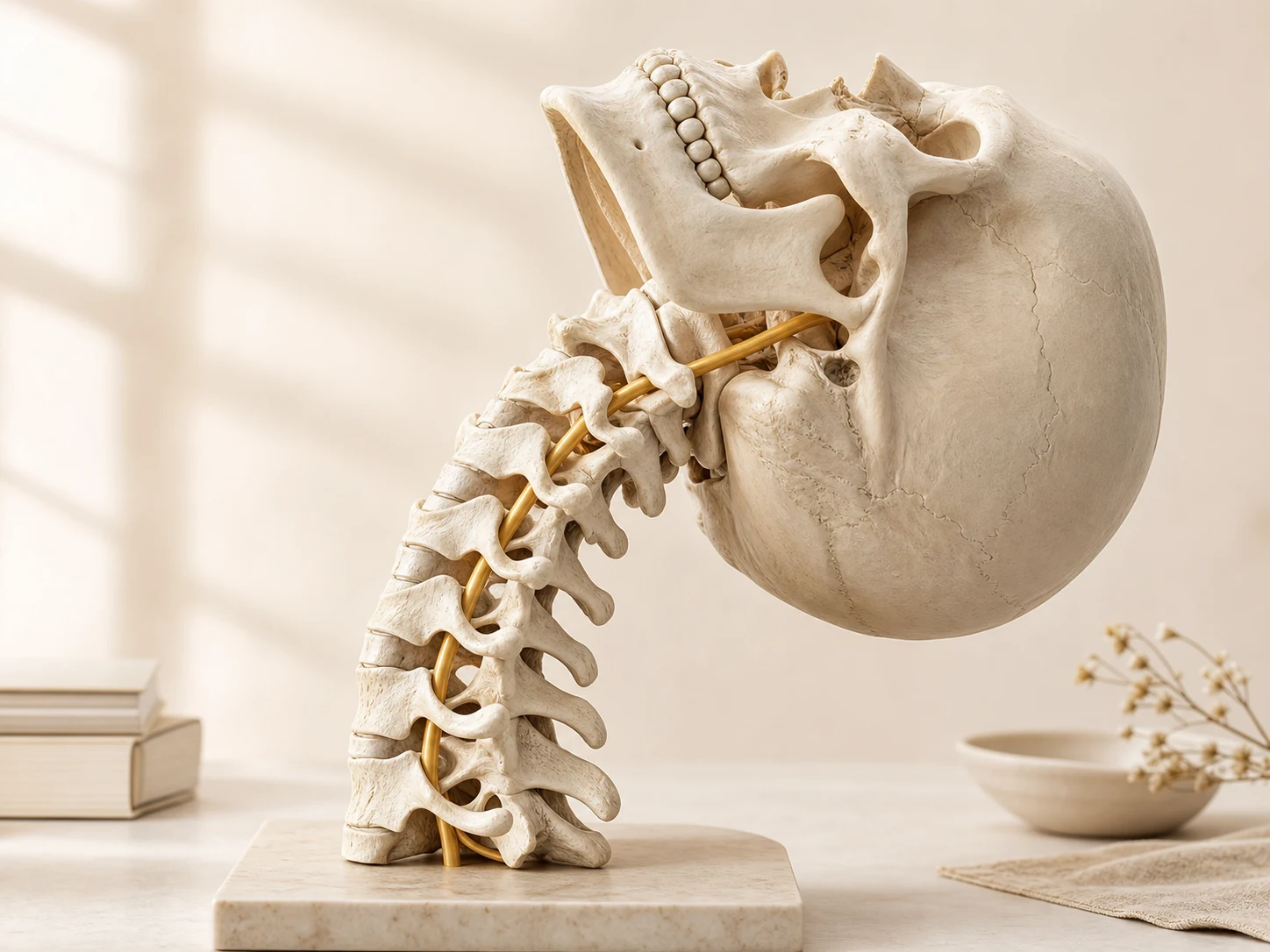 Anatomical illustration of the vertebral artery threading through the cervical vertebrae, with the neck shown in hyperextension