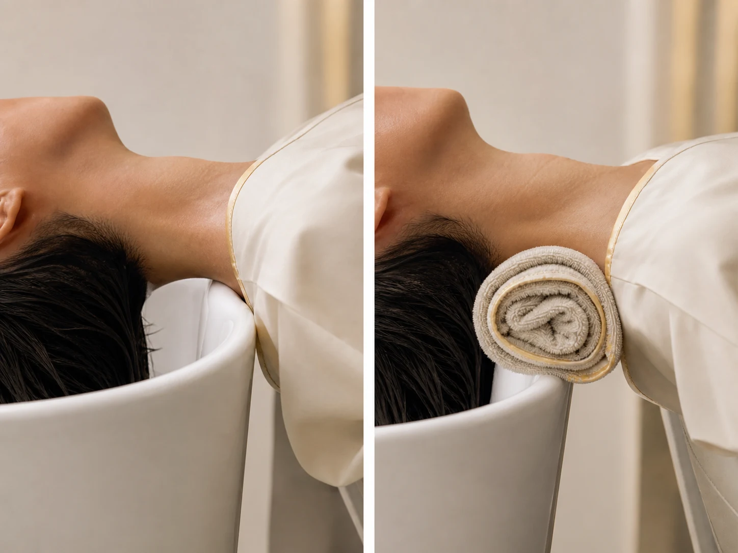 Two side-by-side photos of a salon basin: one with the client's neck hanging in extreme hyperextension, the other with a towel roll supporting the neck in a neutral position