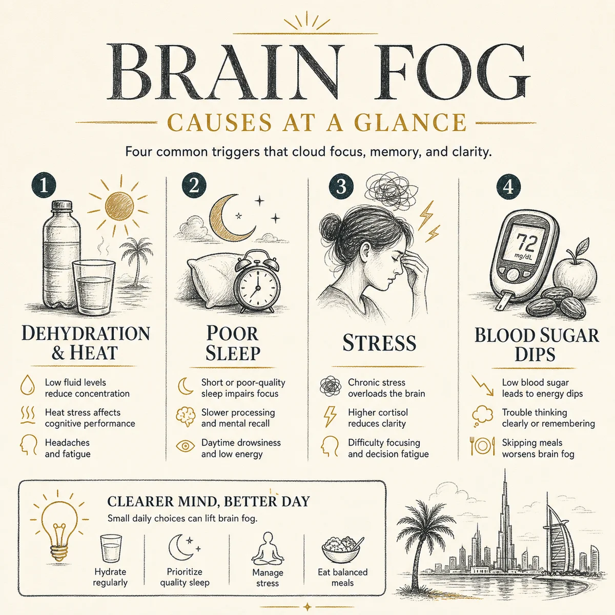 Brain fog causes at a glance: four labeled icons for dehydration and heat, poor sleep, stress, and blood sugar dips, charcoal hand-drawn linework, pale-gold accents, bone background