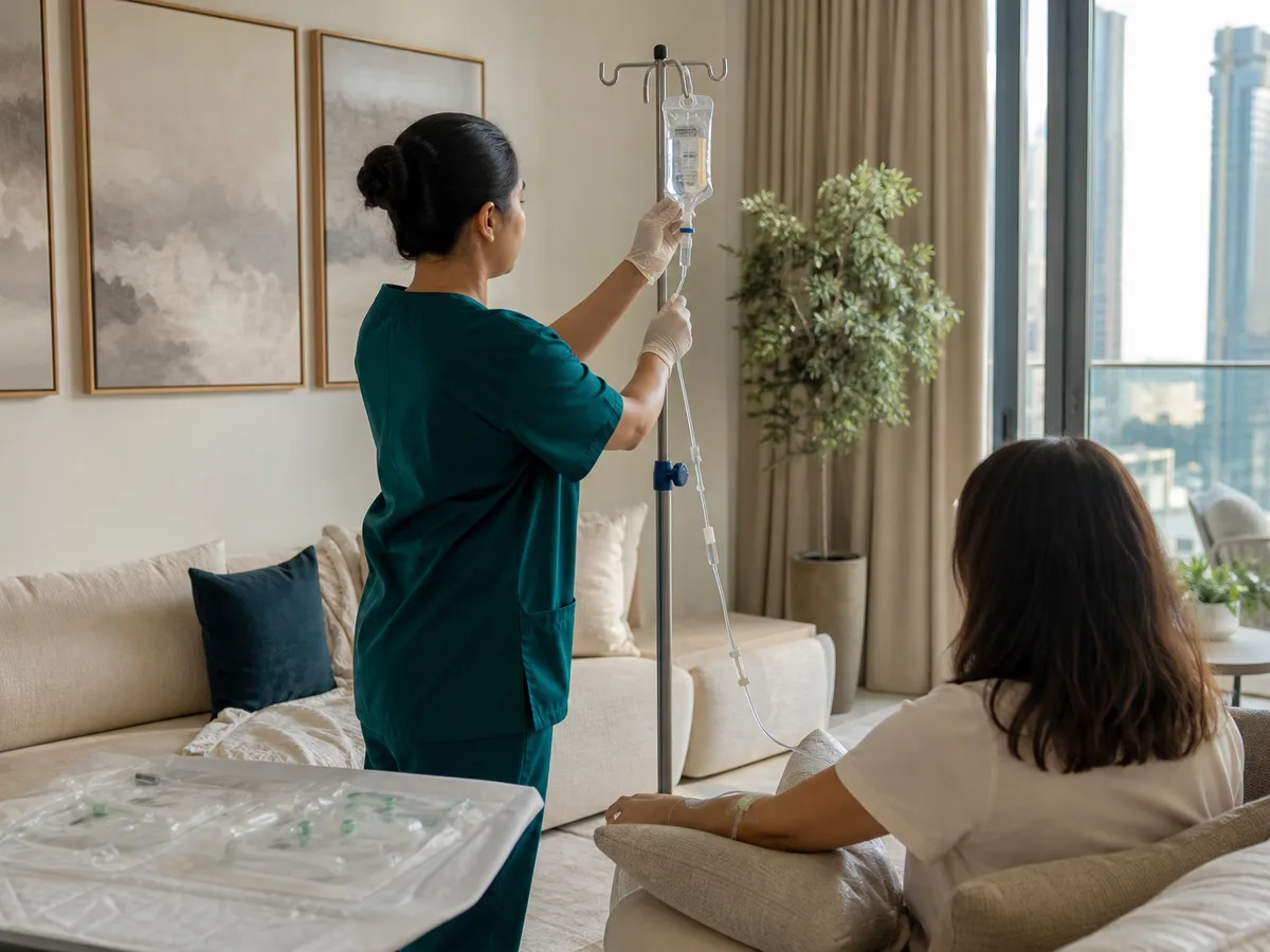 Nurse setting up a hydration IV drip for a client in a Dubai living room, morning light, sterile single-use kit visible on a tray