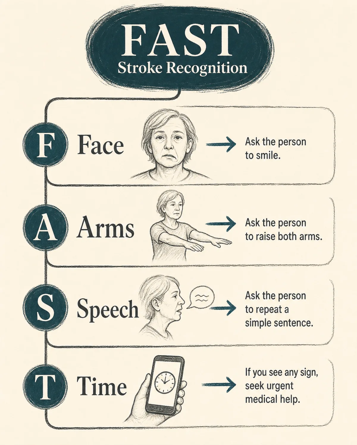 Decision tree with 4 branches labeled Face, Arms, Speech, Time, each showing a one-line test instruction, charcoal linework, deep teal accent, FAST stroke recognition layout