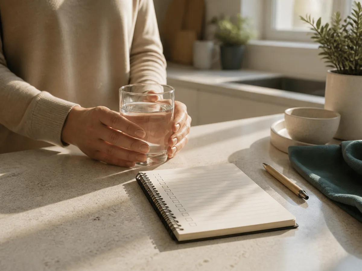 Hands holding a glass of water beside a small notepad with a checklist, home kitchen counter setting