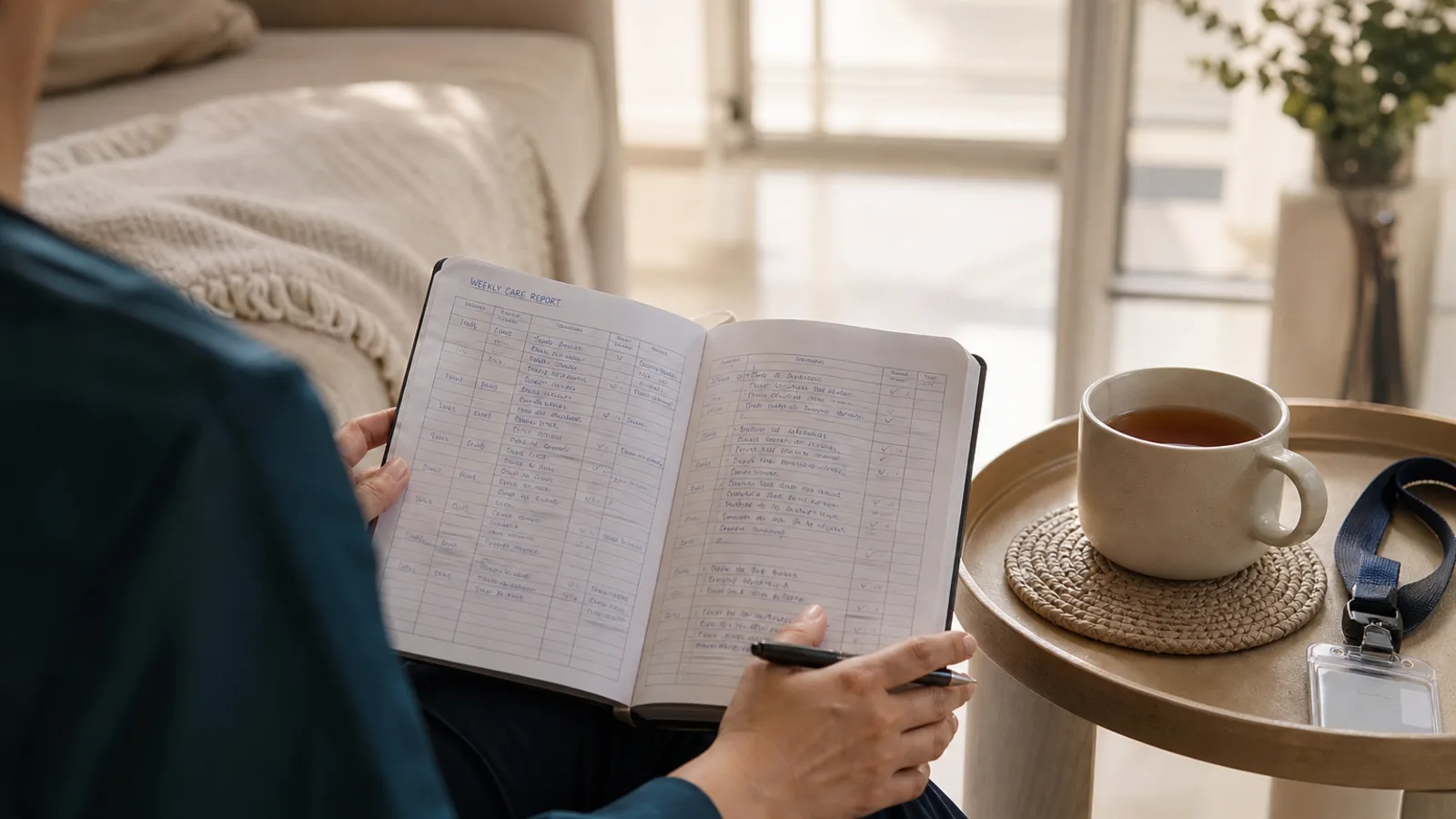 Notebook open to a weekly care-report page beside a clinician's lanyard and a cup of tea on a side table at home, soft morning light