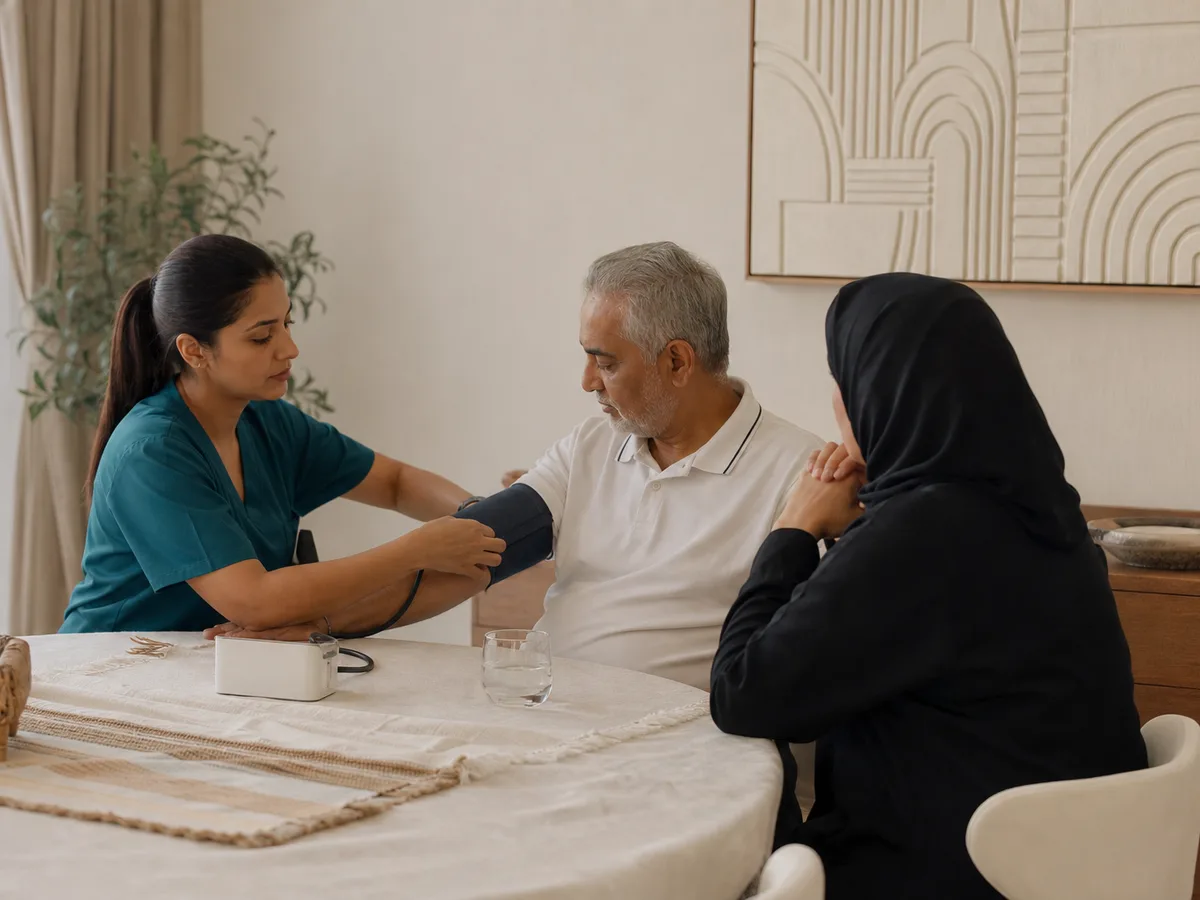 A home nurse in scrubs checking a patient's blood pressure cuff at a dining-room table, the patient's daughter watching, soft daylight, calm and unhurried