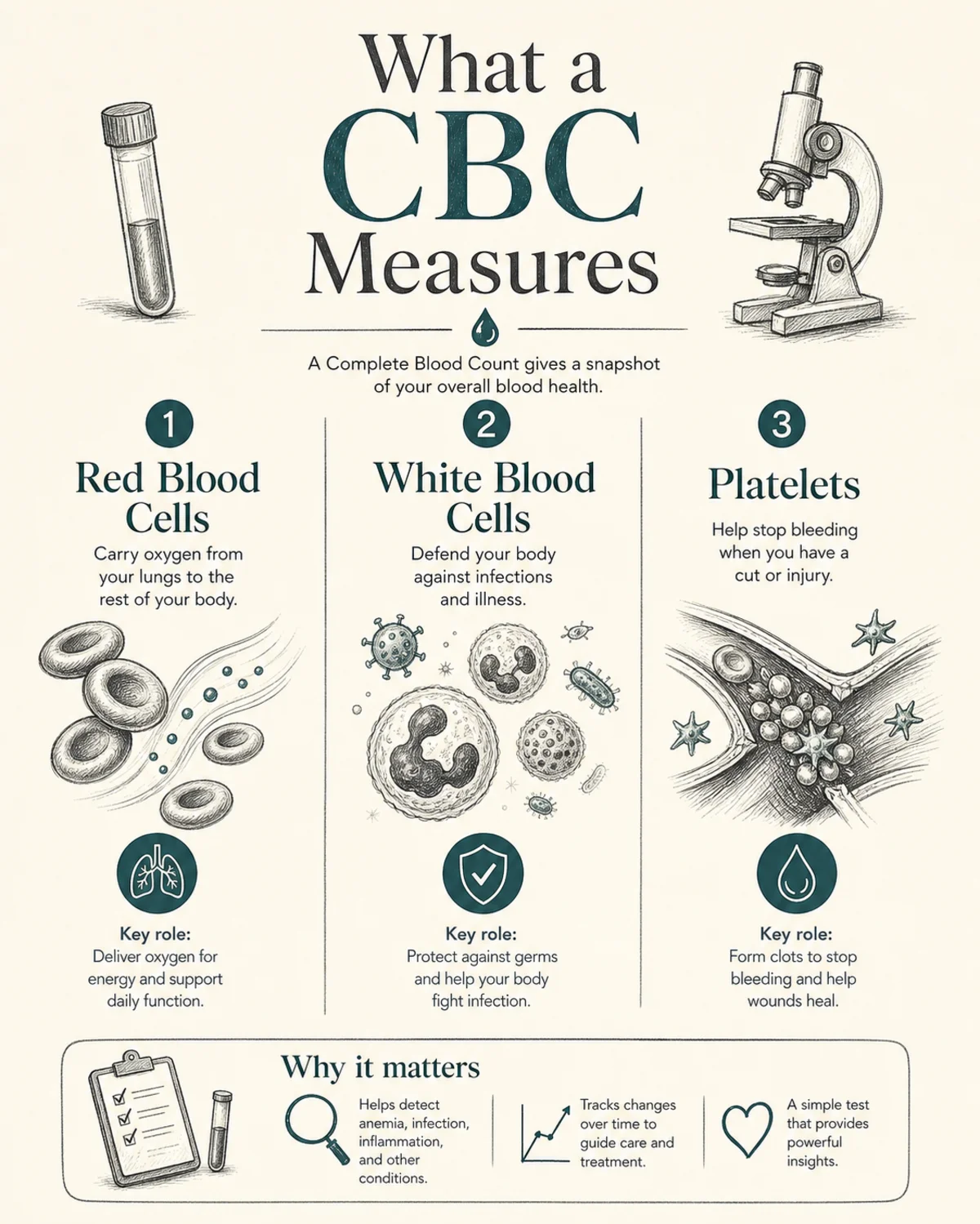 Three-panel diagram explaining what a CBC measures: red blood cells carrying oxygen, white blood cells fighting infection, platelets stopping bleeding; charcoal hand-drawn linework, deep teal accent icons, print-magazine layout