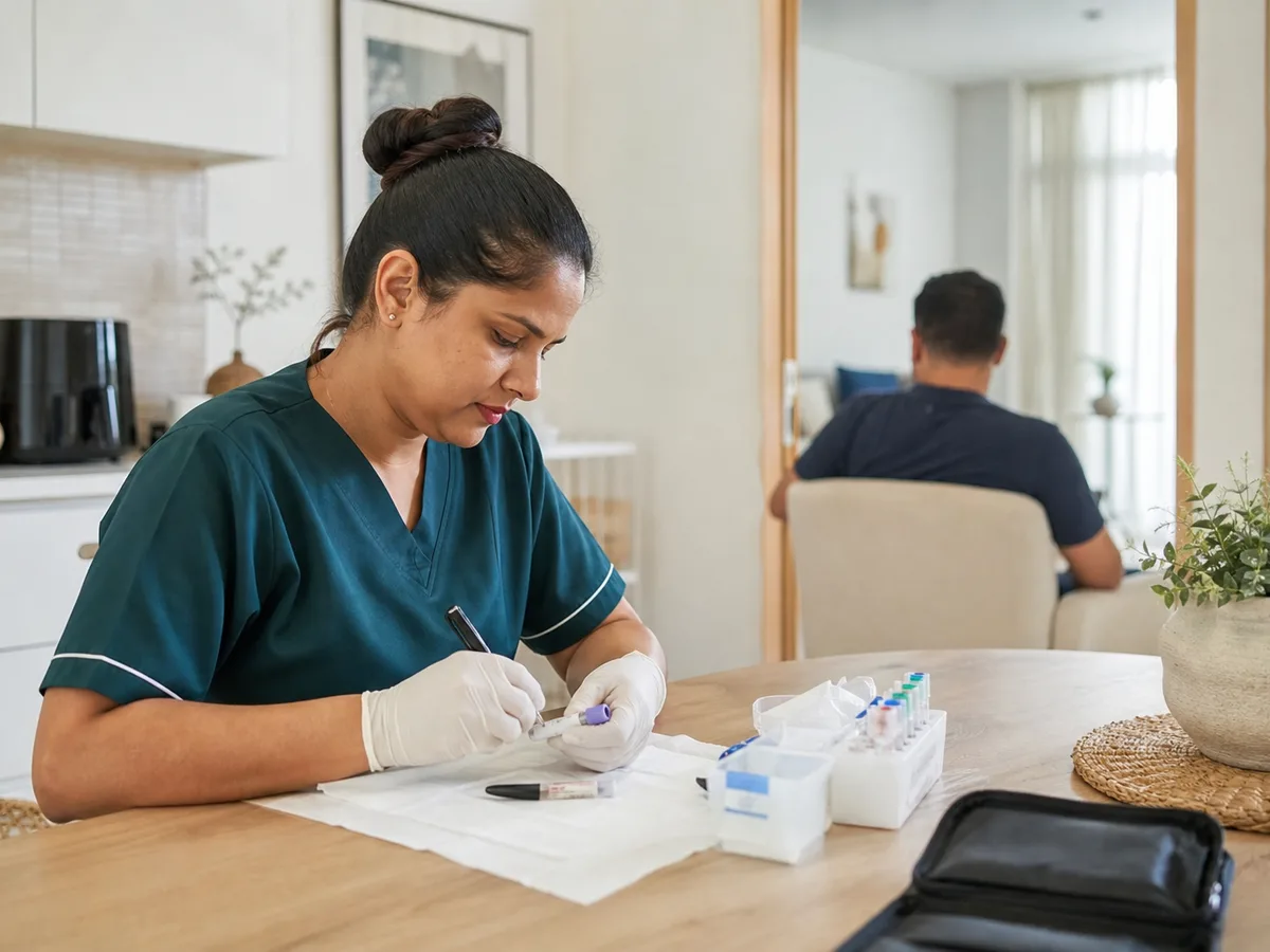 DHA-licensed nurse labeling a blood sample vial at a kitchen table in a Dubai home, patient seated in the background
