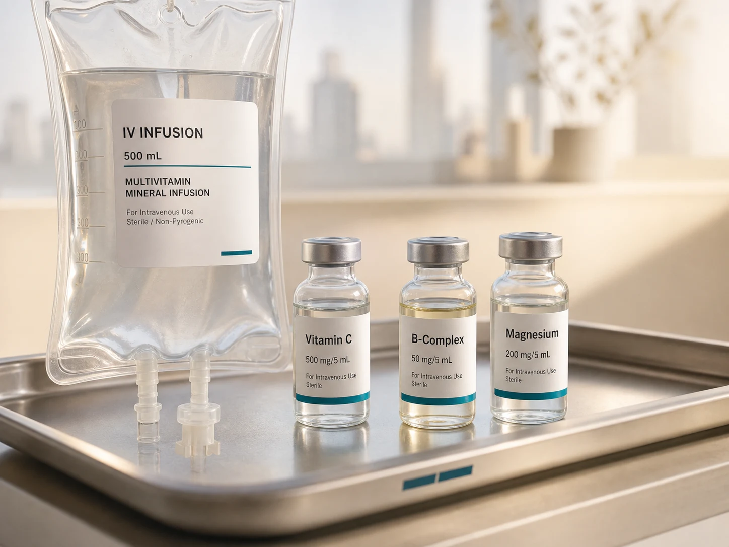 Labelled IV bag and vials of vitamin C, B-complex and magnesium on a clinical tray