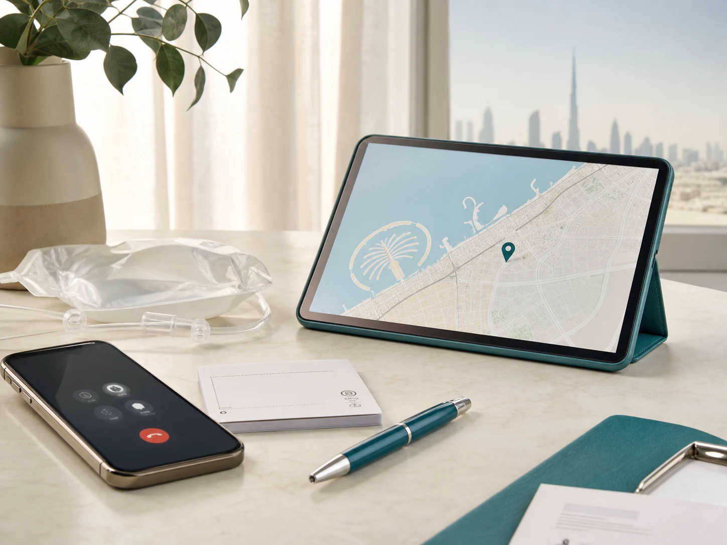 Coordinator on a call confirming a home visit time with a Dubai map in view