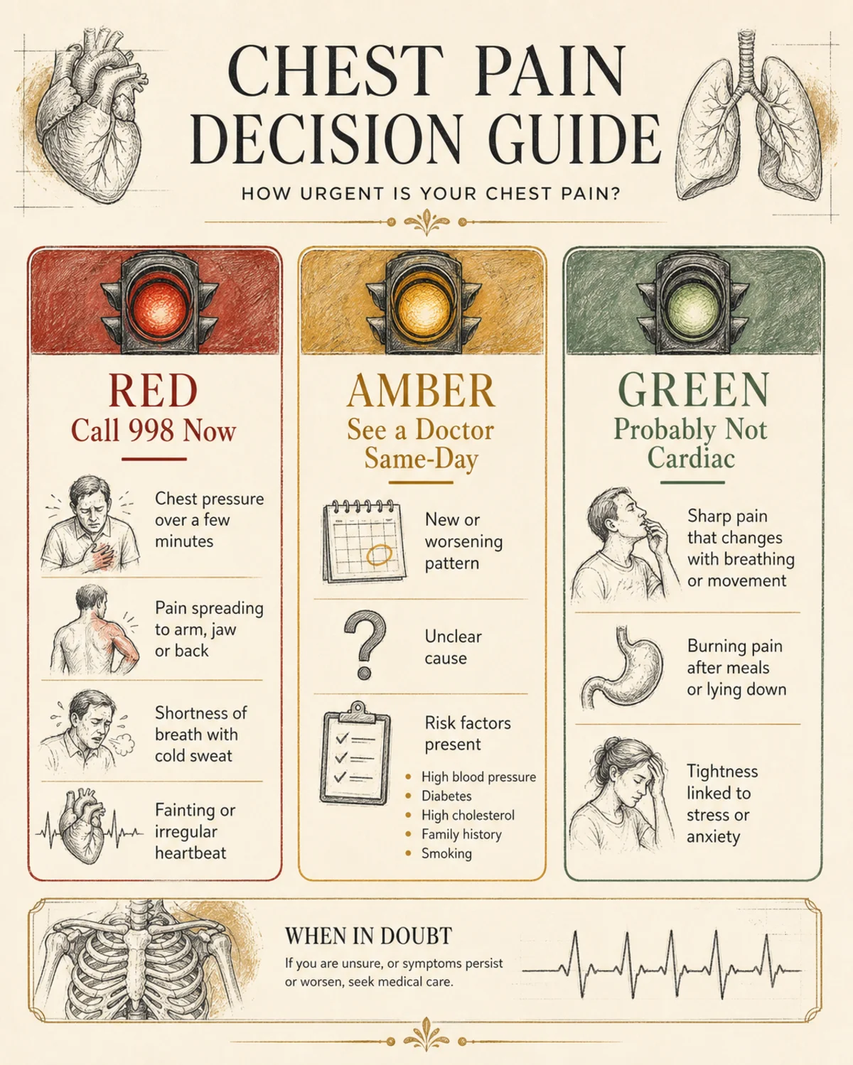 Traffic-light decision layout with three columns: Red "Call 998 Now" listing chest pressure over a few minutes, pain spreading to arm/jaw/back, shortness of breath with cold sweat, fainting or irregular heartbeat; Amber "See a Doctor Same-Day" listing new or worsening pattern, unclear cause, risk factors present; Green "Probably Not Cardiac" listing sharp breath-related pain, burning after meals, stress-linked tightness; charcoal hand-drawn linework, bone background, pale-gold accents, legible labels, 1900s scientific-plate style