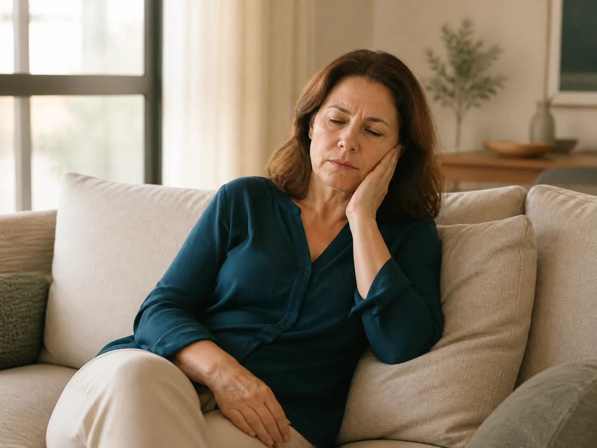 Woman in her 40s resting on a living room sofa, one hand on her jaw, tired expression, soft natural daylight