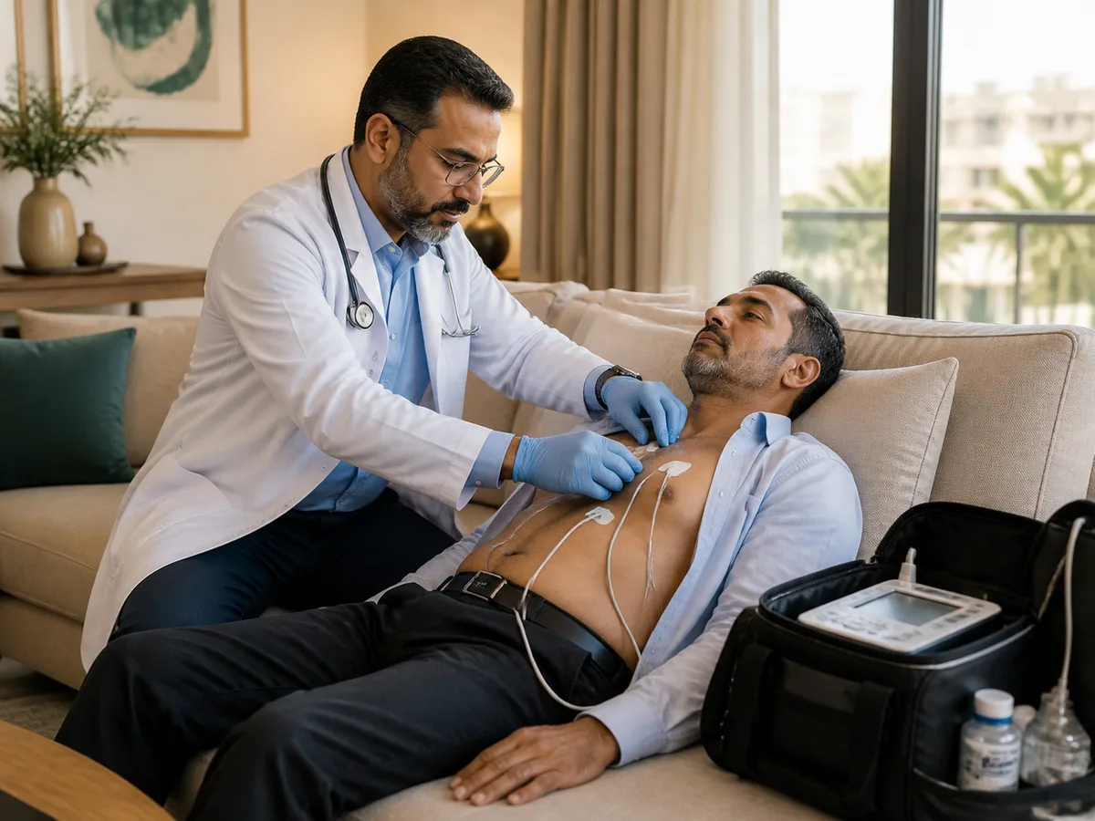 DHA-licensed doctor placing ECG leads on a patient's chest during a home visit, calm living room setting, medical bag open beside the sofa