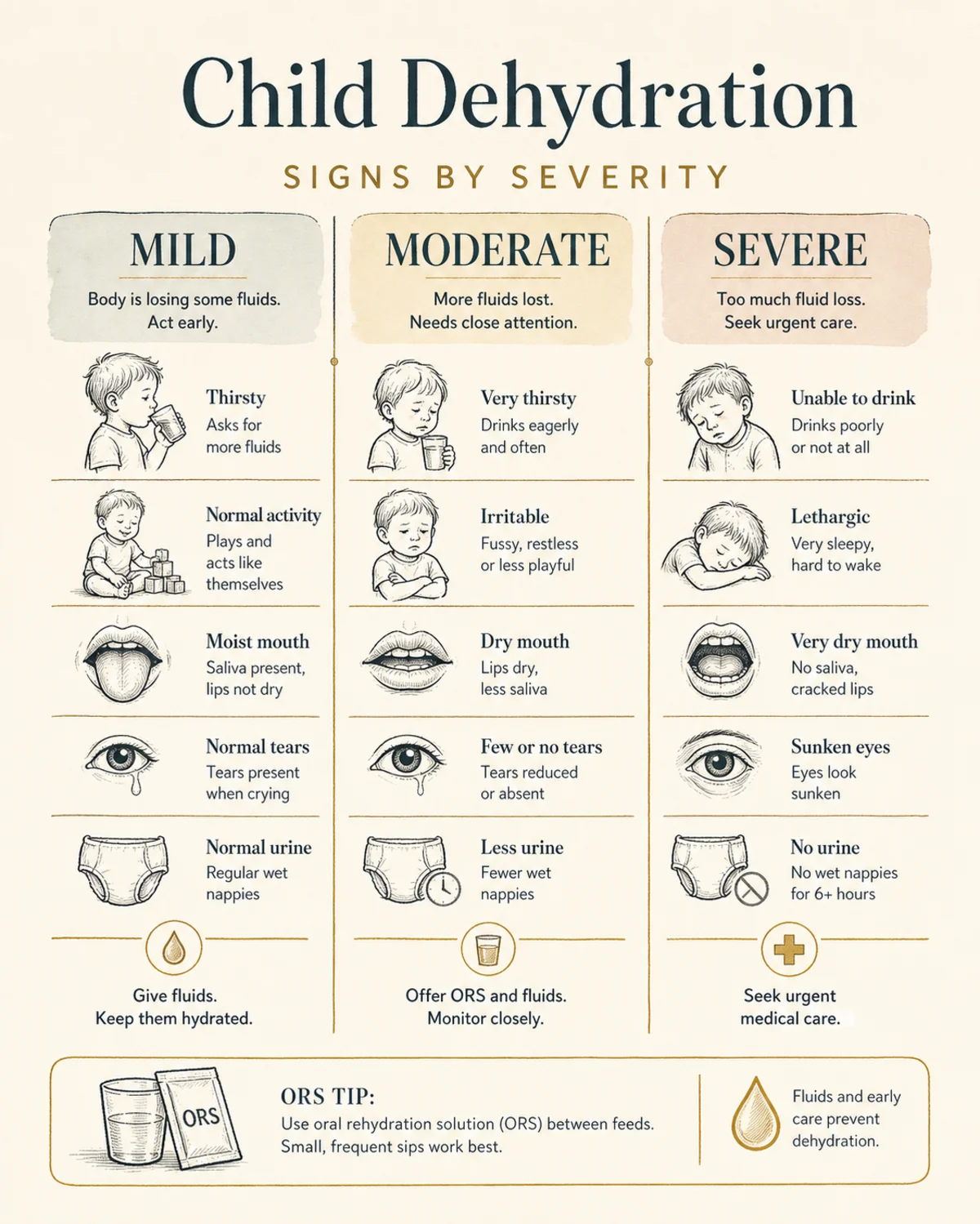 Three-column comparison chart of child dehydration signs by severity: Mild, Moderate, and Severe, each column listing symptoms like thirsty and normal activity, dry mouth and irritable, sunken eyes and lethargy. Charcoal hand-drawn linework, pale-gold accents, bone background, legible labels