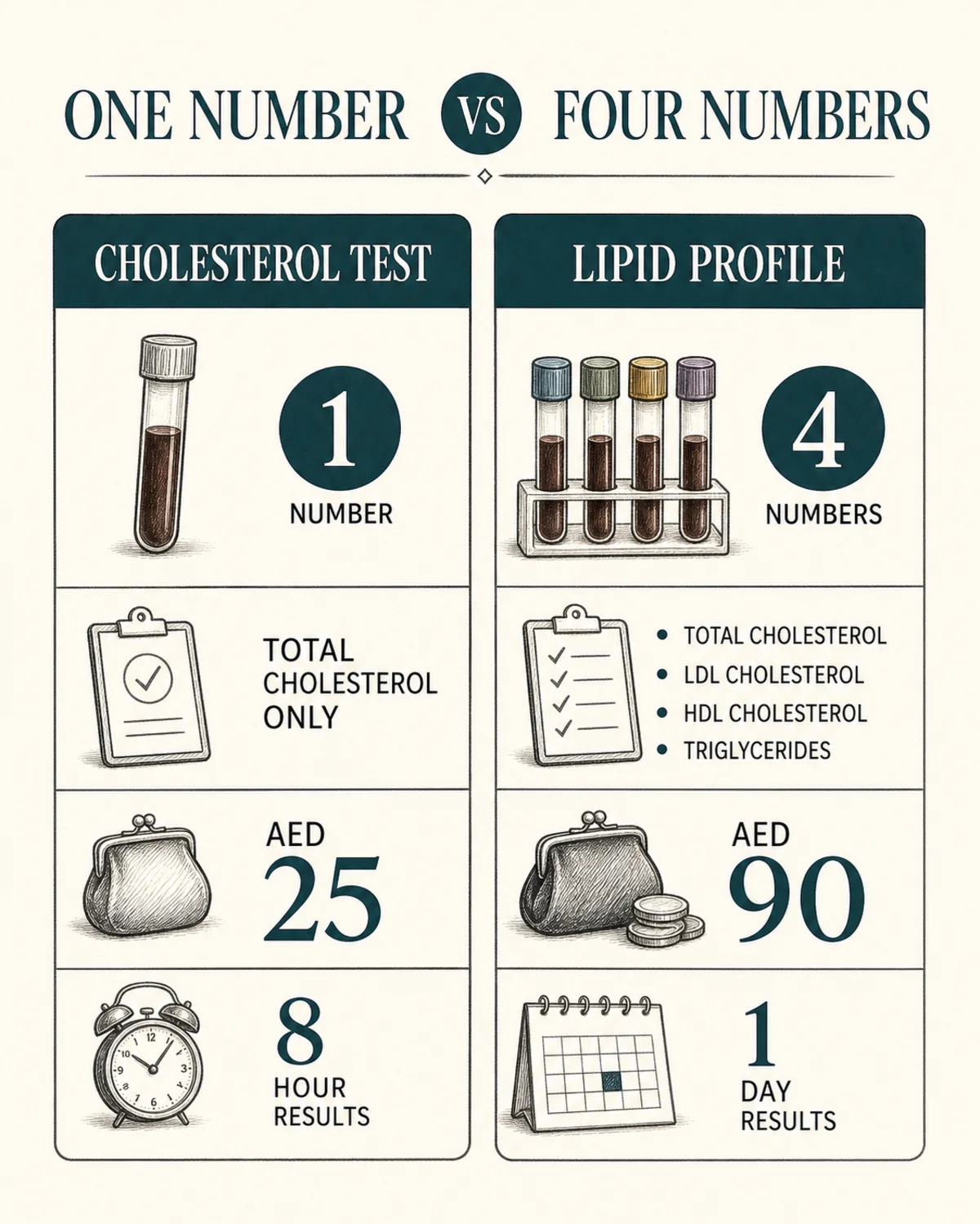 One number vs four numbers comparison: left column Cholesterol test, total cholesterol only, AED 25, 8-hour results; right column Lipid Profile, total cholesterol, LDL, HDL, triglycerides, AED 90, 1-day results. Two-column layout, charcoal linework, deep teal accent, legible labels