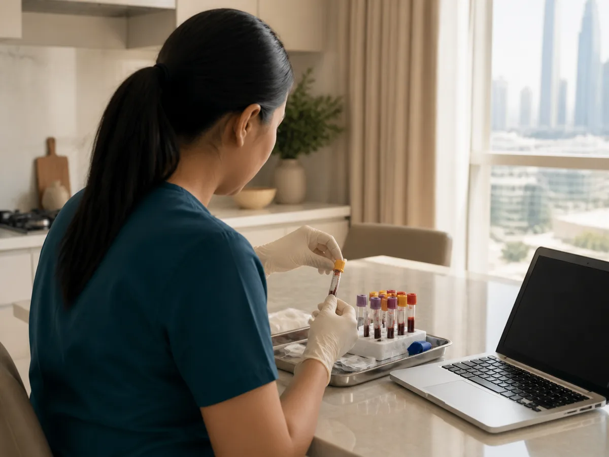 DHA-licensed nurse labelling a blood sample tube on a tray beside a laptop in a Dubai apartment kitchen