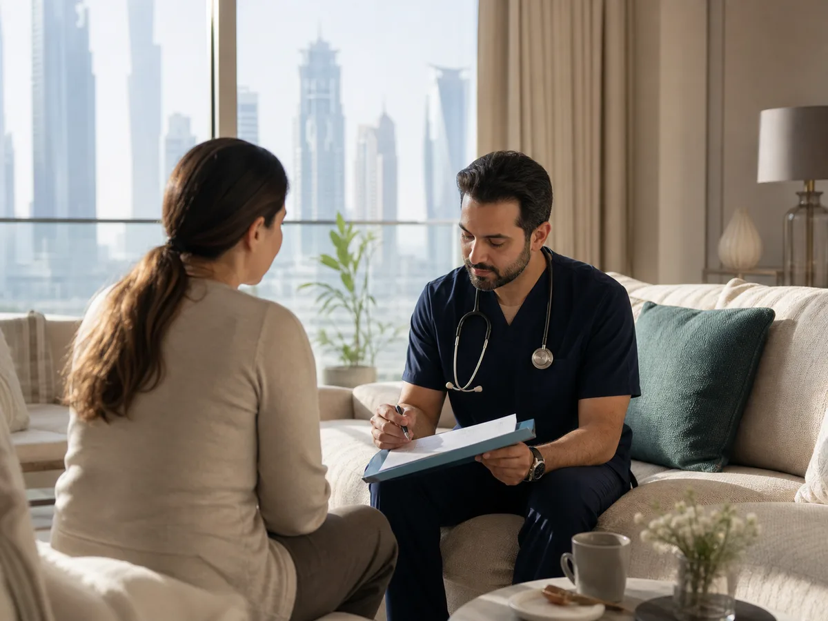Doctor reviewing a patient's chart in a bright Dubai apartment, morning light, calm domestic setting