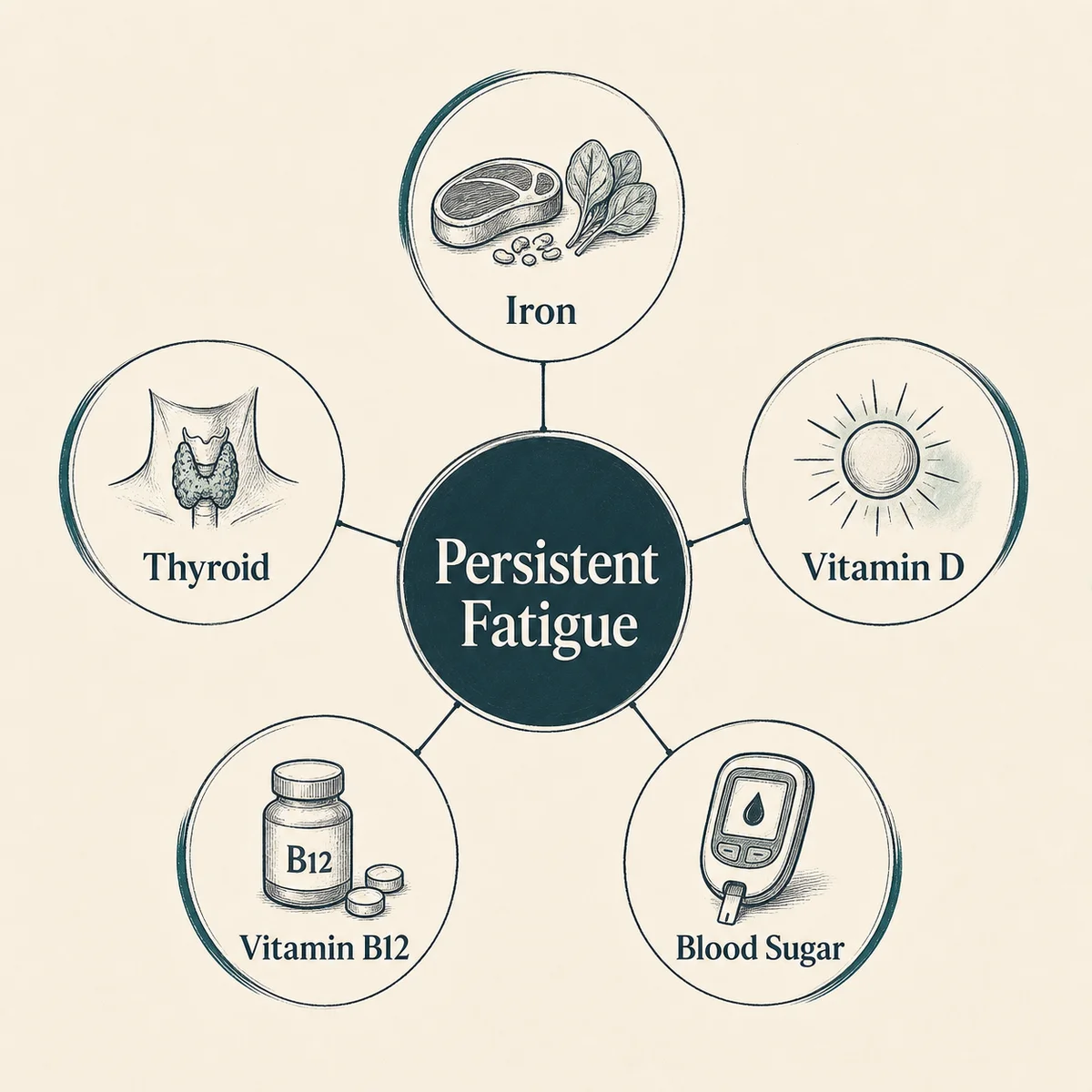 Stat grid with five labeled nodes radiating from a center circle marked "Persistent Fatigue": Iron, Thyroid, Vitamin D, Vitamin B12, Blood Sugar, thin connector lines, charcoal hand-drawn linework, deep-teal accents, bone background, legible labels