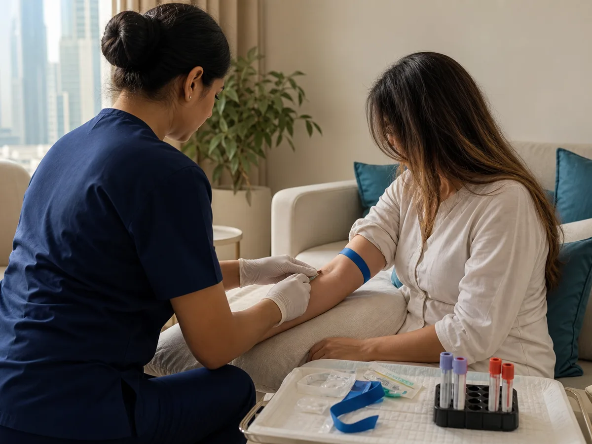 A DHA-licensed nurse drawing a blood sample from a seated patient's arm in a Dubai living room, morning light, a sterile single-use kit visible on a tray beside them