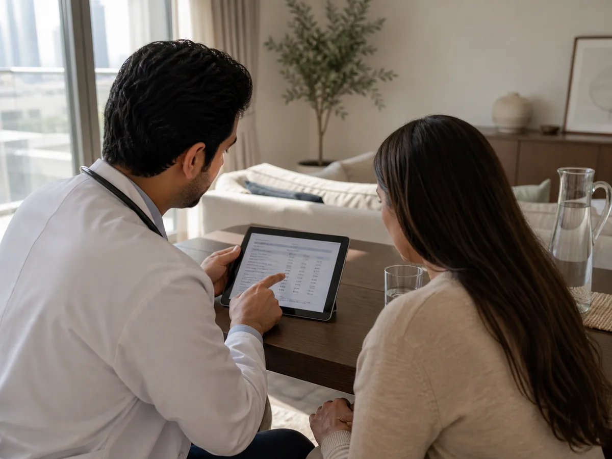 Doctor reviewing a lab report on a tablet beside a patient at a home consultation table