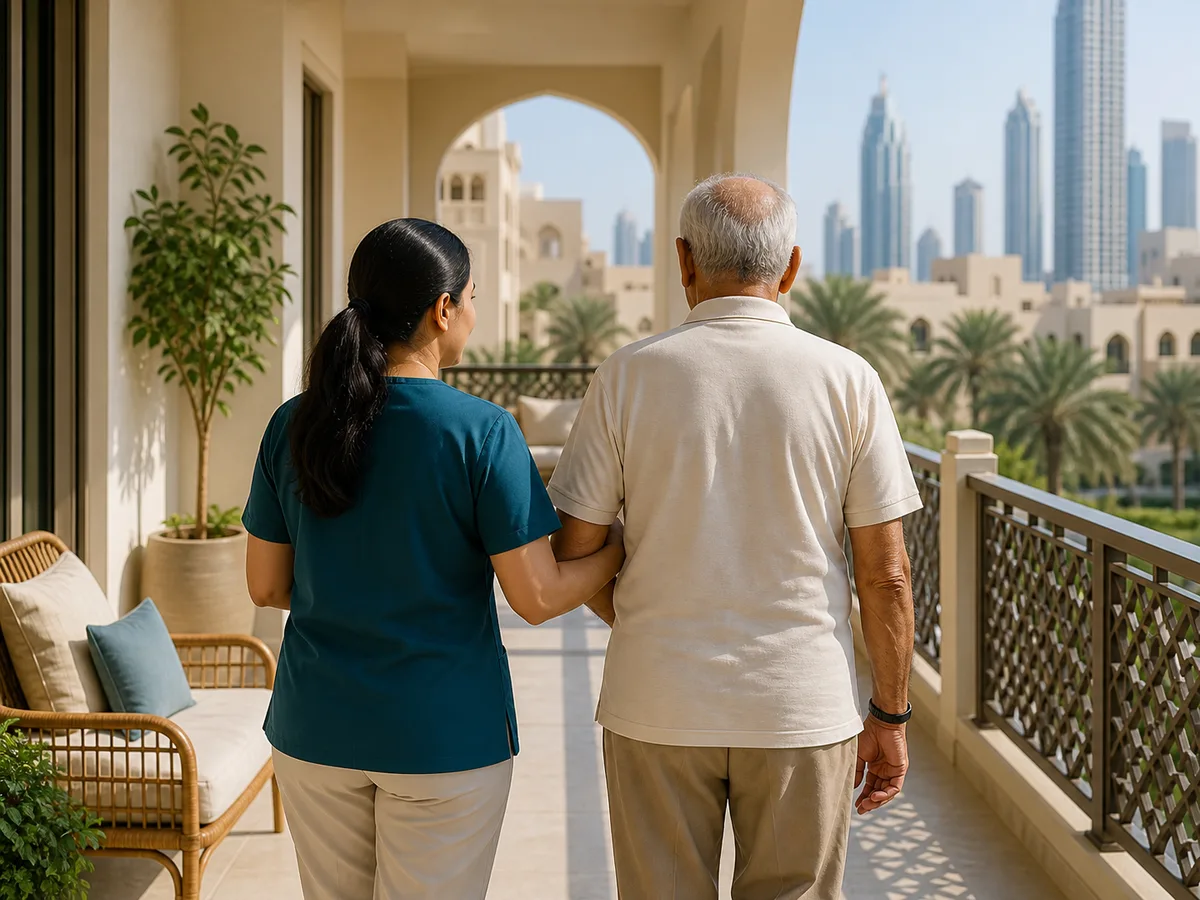 Caregiver walking arm in arm with an elderly man across a balcony in a Dubai home, midday light, calm expression on both faces