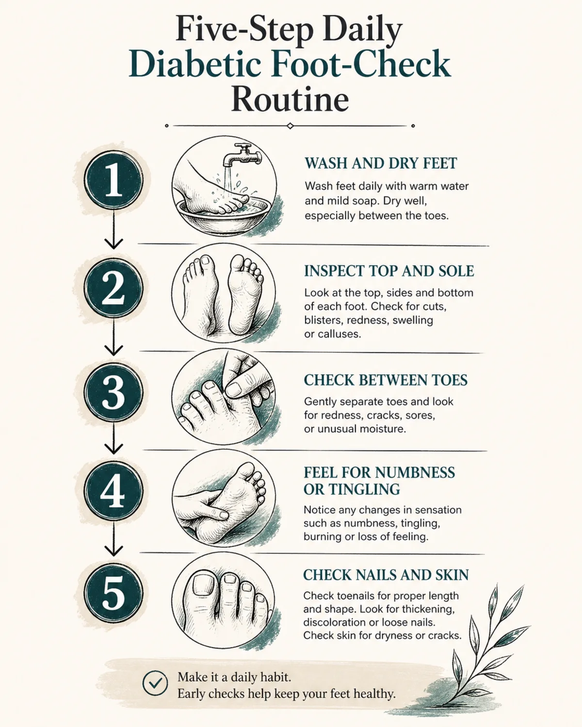 Five-step daily diabetic foot-check routine: wash and dry feet, inspect top and sole, check between toes, feel for numbness or tingling, check nails and skin. Numbered flow diagram, charcoal hand-drawn linework, deep teal accent, bone background