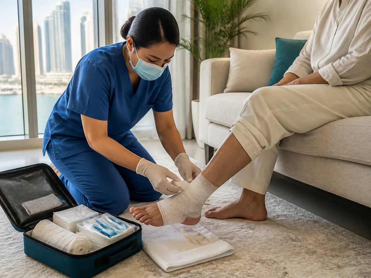 DHA-licensed home nurse in blue scrubs kneeling to change a dressing on a patient's foot in a Dubai living room, sterile kit open beside her