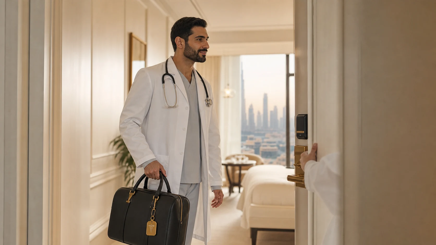 DHA-licensed doctor at hotel room door in Dubai carrying a medical bag to see an unwell guest