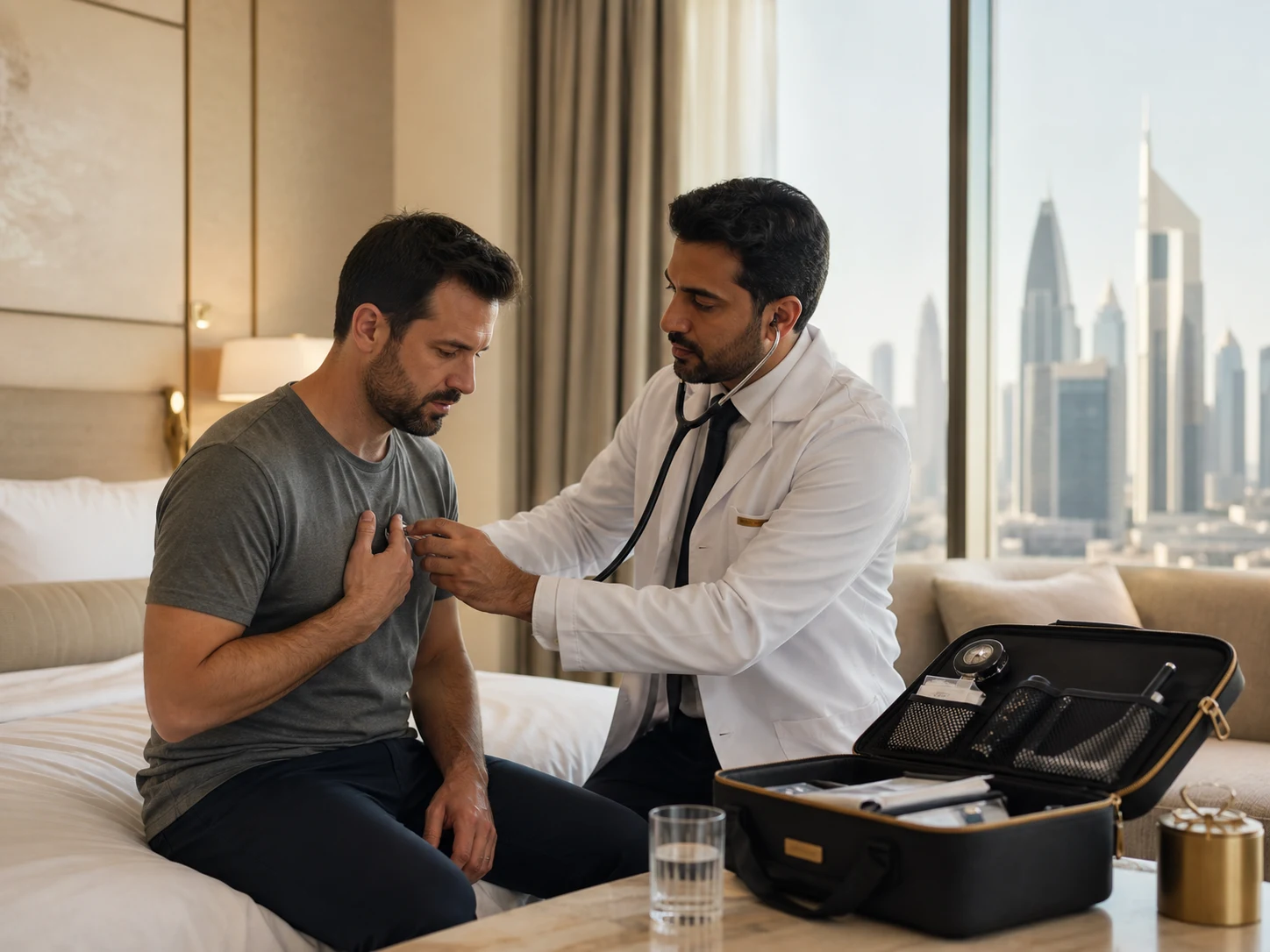 DHA-licensed doctor examining an unwell guest seated on a Dubai hotel room bed, medical bag open on the table