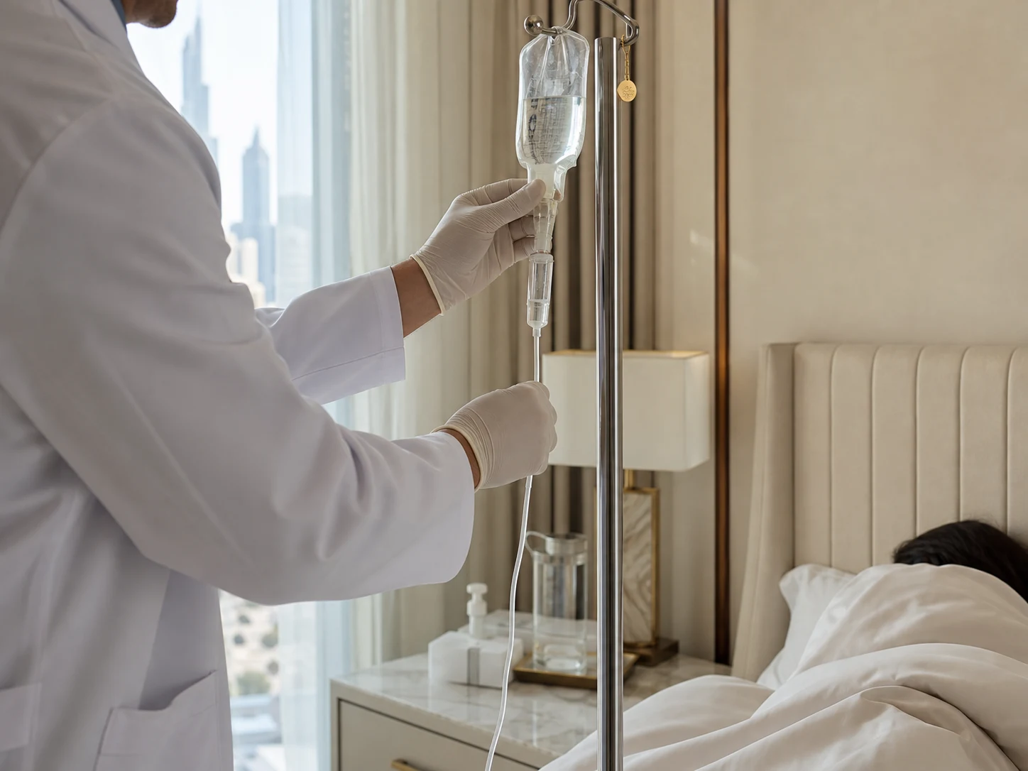Doctor setting up an in-room rehydration drip for a guest resting in a Dubai hotel room, curtains drawn