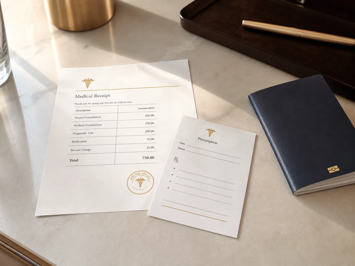 Itemised paper receipt and a prescription slip on a hotel room desk beside a passport