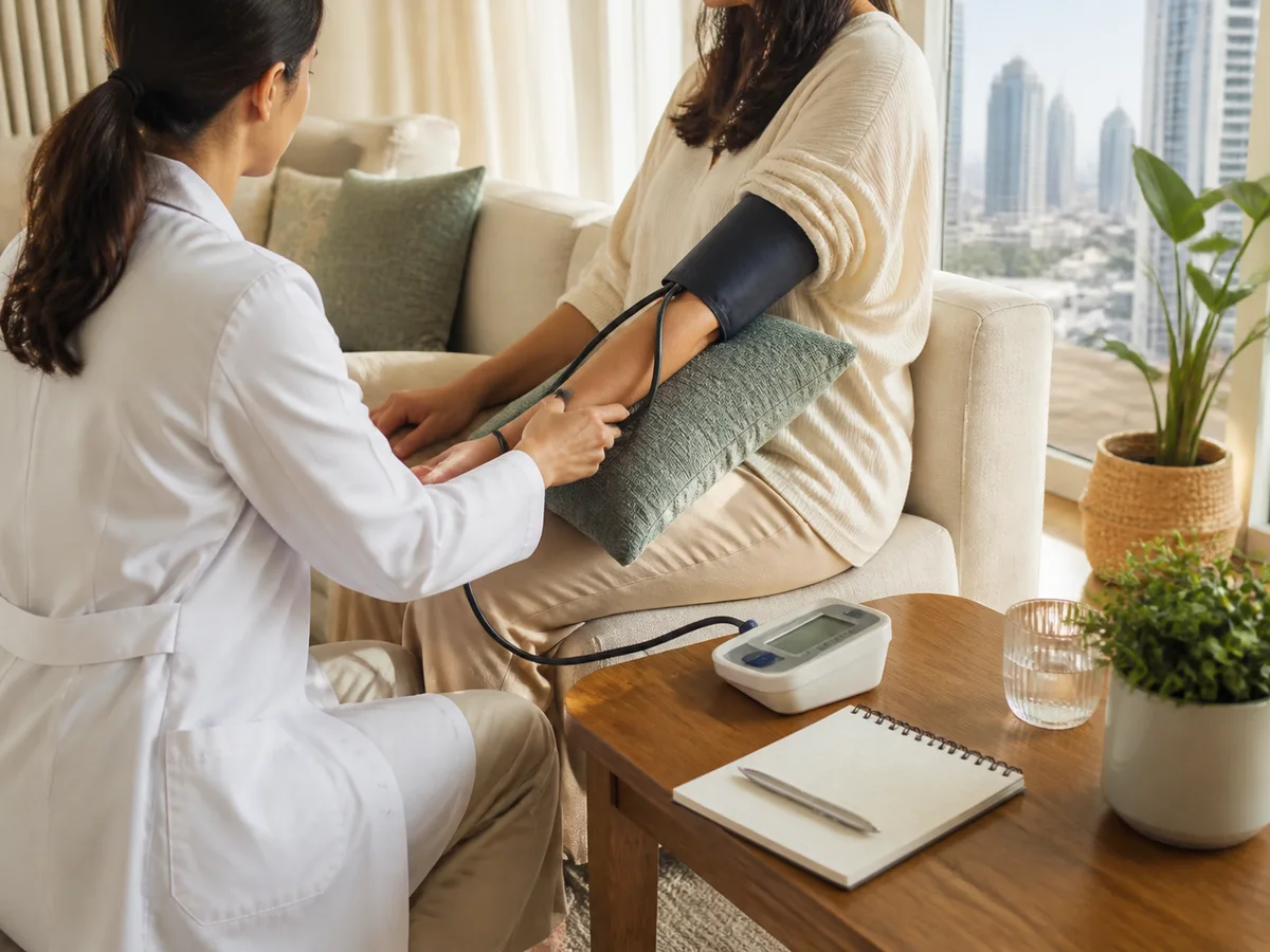 A DHA-licensed doctor checking an adult patient's blood pressure at home in Dubai, notepad on the side table, calm daylight, no faces in close detail