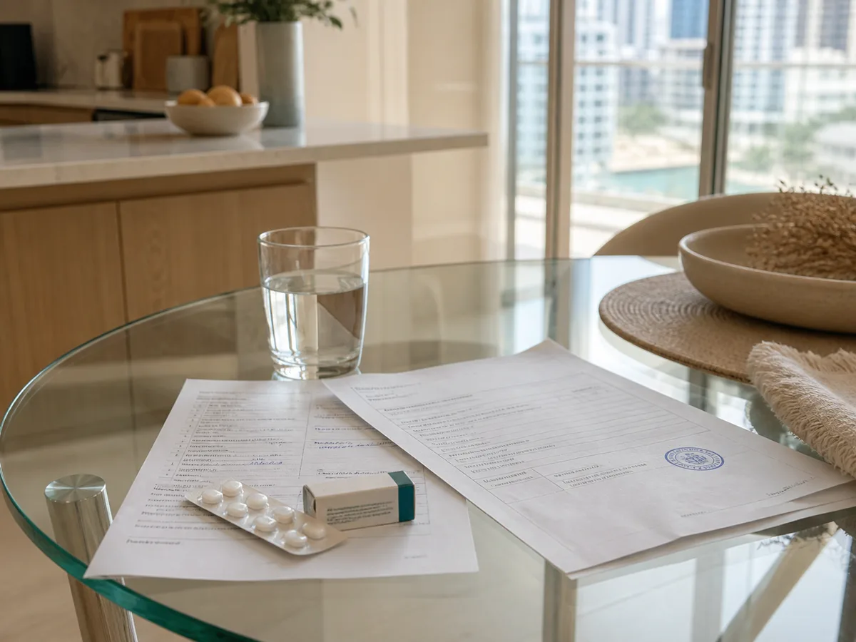 Editorial still life on a glass kitchen table in a Dubai home: a printed prescription, a small medication pack, a doctor's stamped visit report, and a glass of water in soft daylight, no people