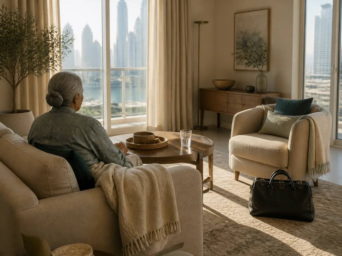 A wide, calm view of a Dubai living room in afternoon light: a grandmother seated with a folded throw, a clinician's bag on the floor by an armchair, a half-finished glass of water on the table, no faces visible