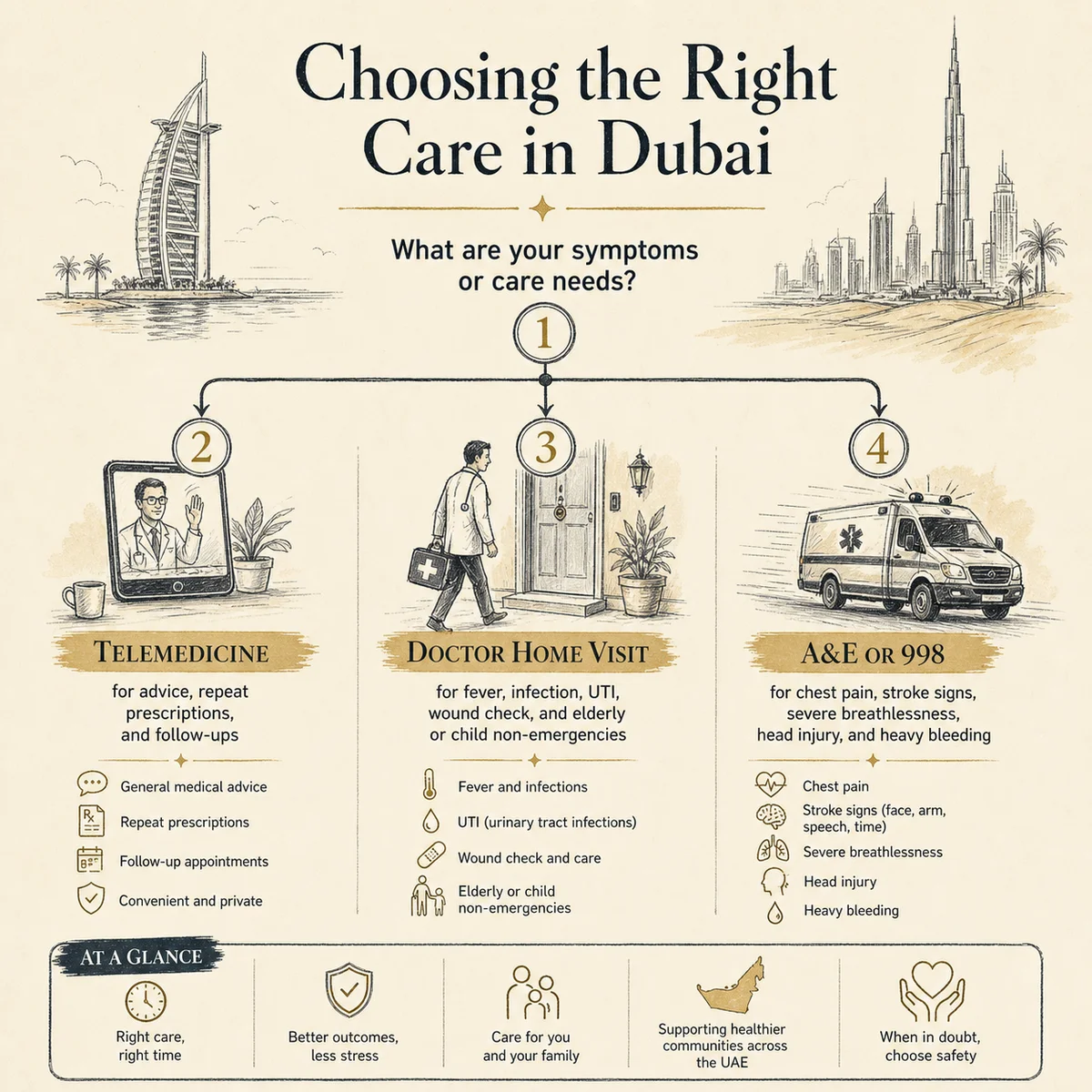 Decision tree for choosing care in Dubai with three labeled branches: branch one Telemedicine for advice, repeat prescriptions, and follow-ups; branch two Doctor home visit for fever, infection, UTI, wound check, and elderly or child non-emergencies; branch three A&E or 998 for chest pain, stroke signs, severe breathlessness, head injury, and heavy bleeding. Charcoal hand-drawn linework on a bone background with pale-gold accents, numbered orbital labels with thin connector arrows, scholarly editorial style